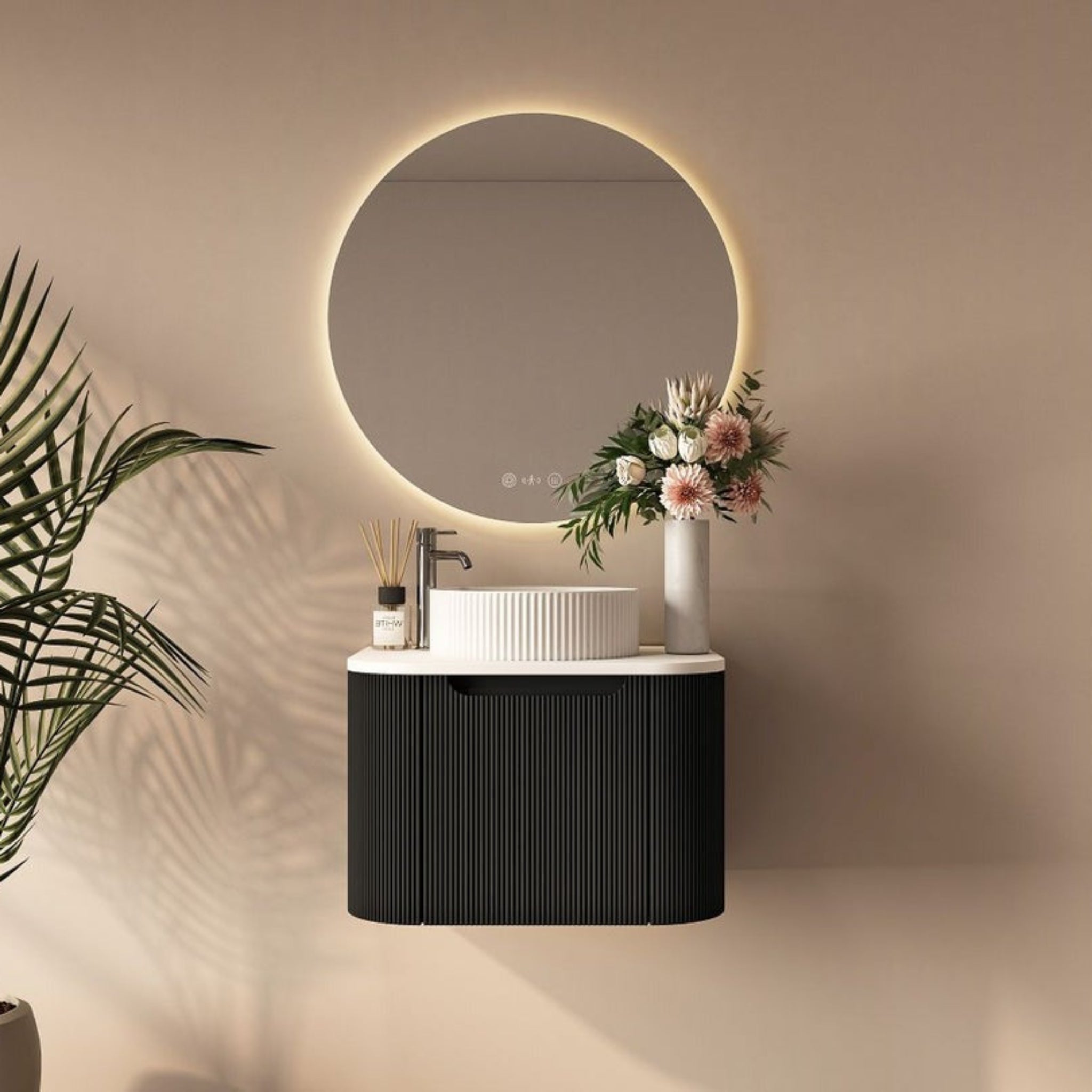 MERCIO ROME MATTE BLACK FLUTED 600MM SINGLE BOWL WALL HUNG VANITY