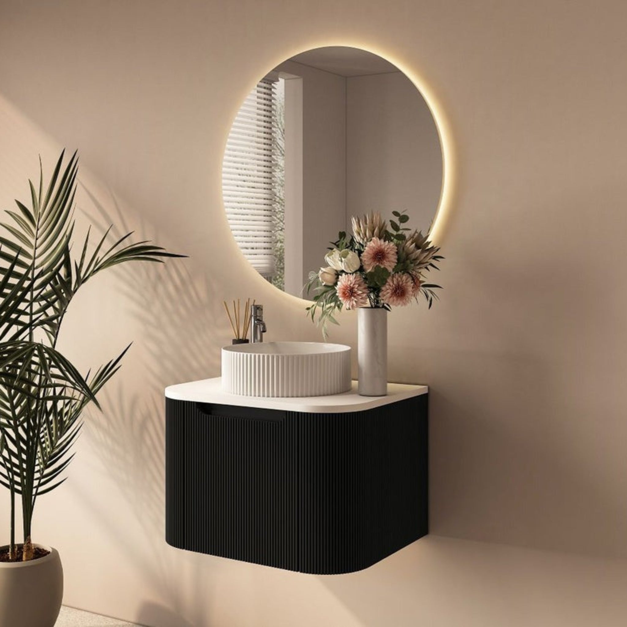 MERCIO ROME MATTE BLACK FLUTED 600MM SINGLE BOWL WALL HUNG VANITY