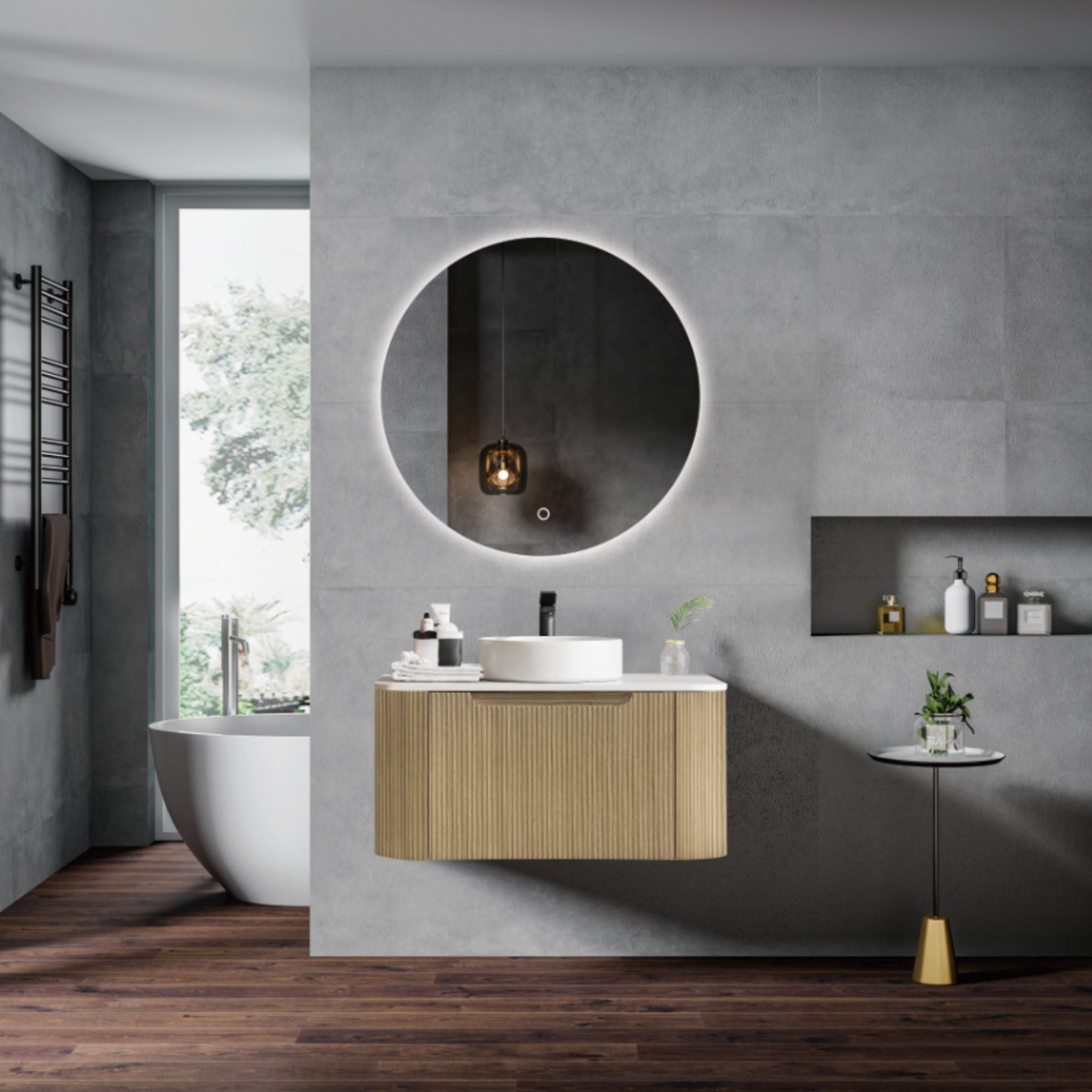 MERCIO ROME BUR OAK FLUTED 750MM SINGLE BOWL WALL HUNG VANITY