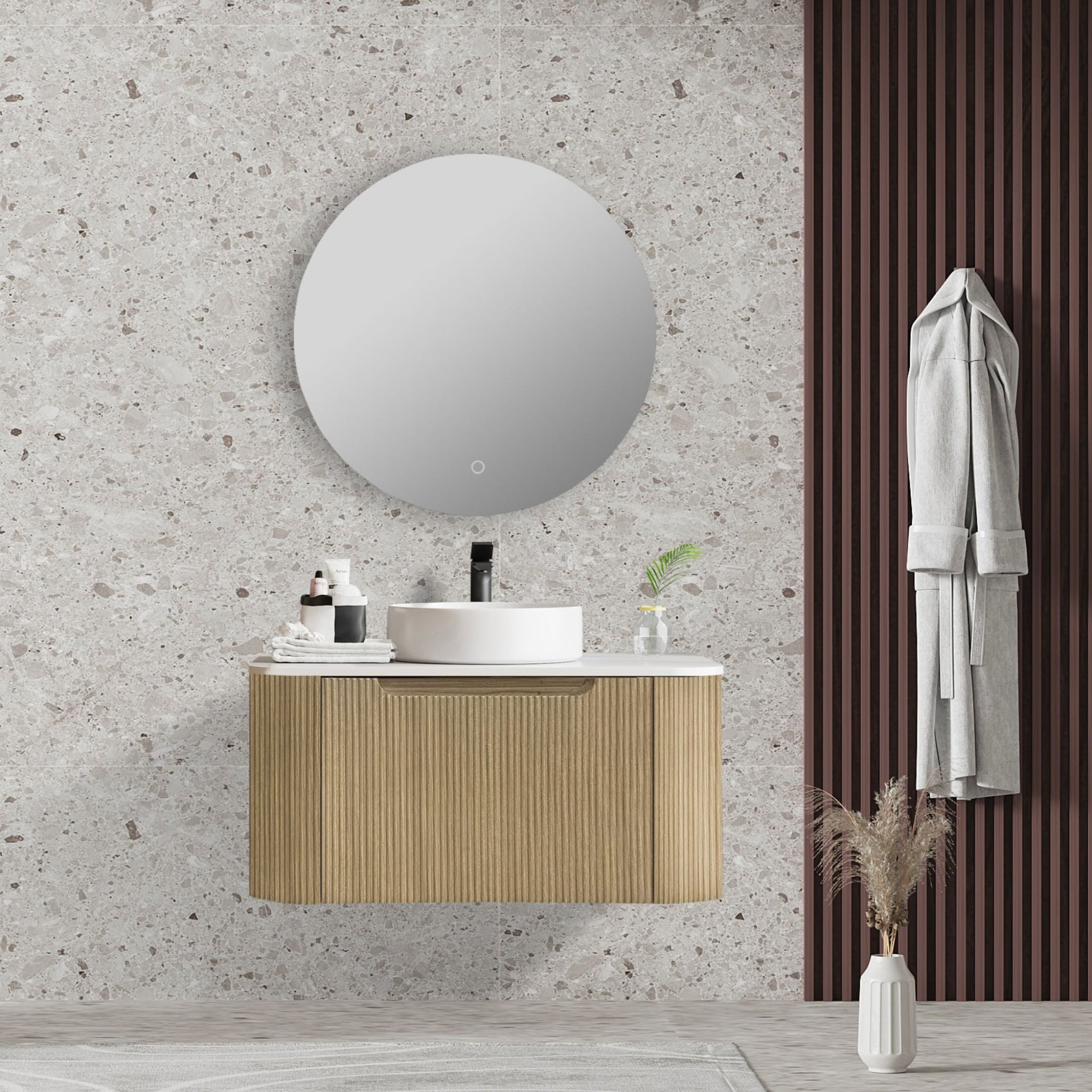MERCIO ROME BUR OAK FLUTED 750MM SINGLE BOWL WALL HUNG VANITY