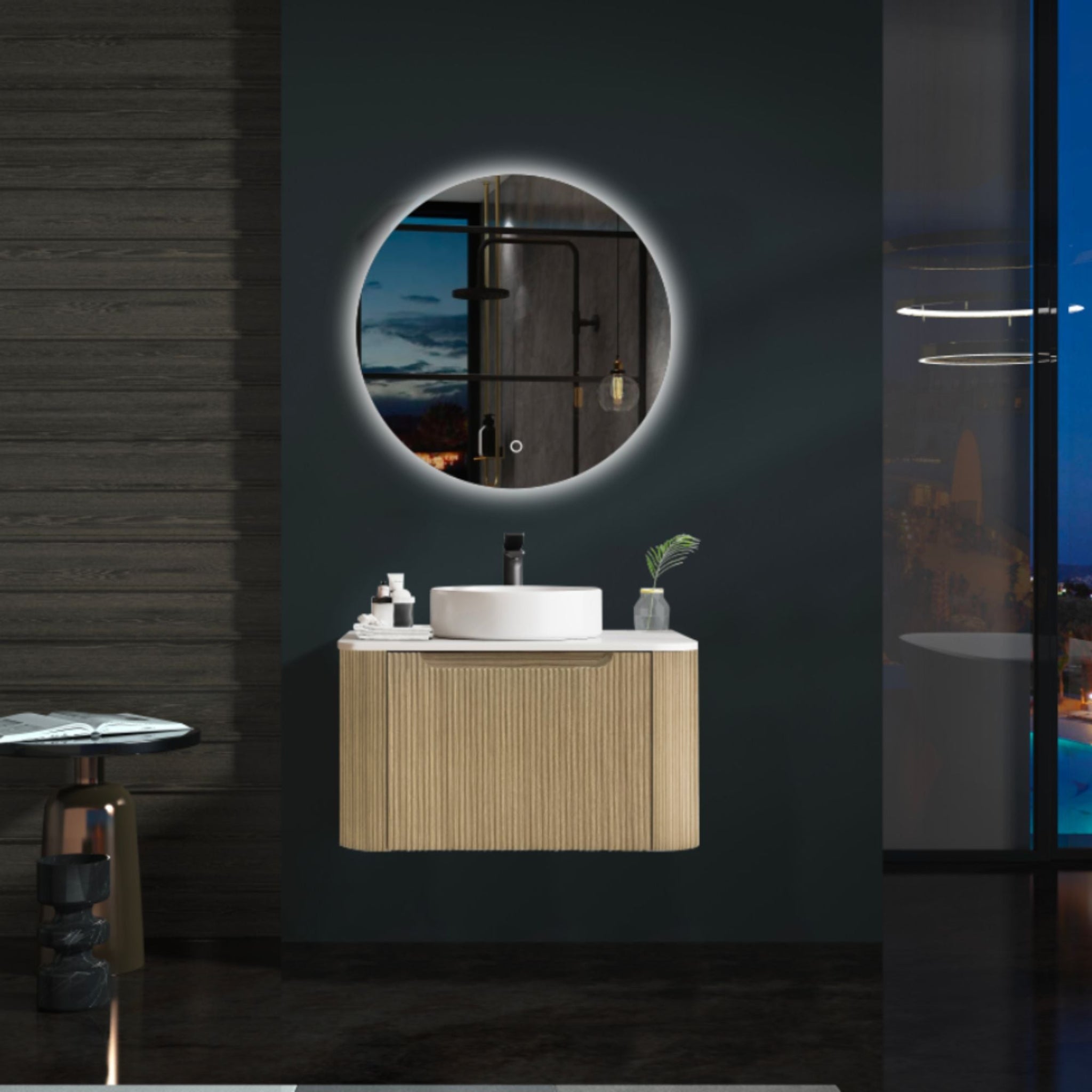 MERCIO ROME BUR OAK FLUTED 750MM SINGLE BOWL WALL HUNG VANITY