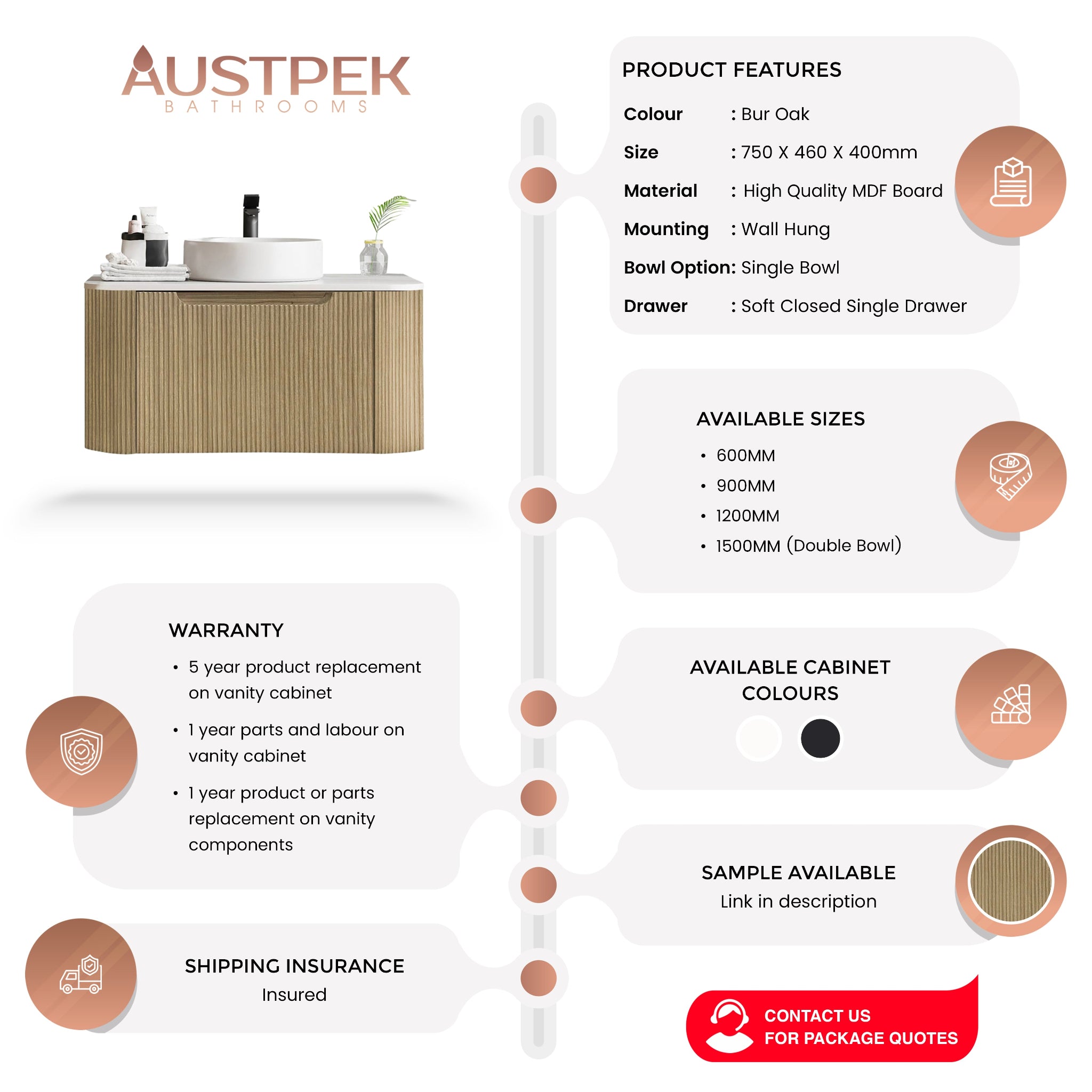 MERCIO ROME BUR OAK FLUTED 750MM SINGLE BOWL WALL HUNG VANITY