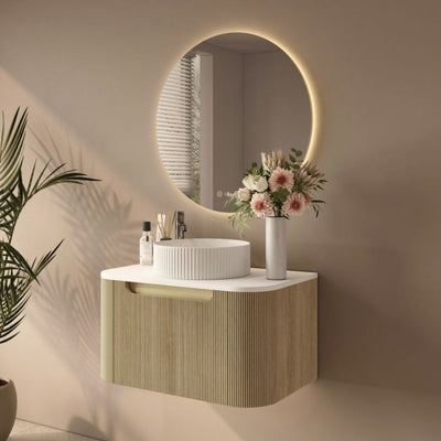 MERCIO ROME BUR OAK FLUTED 750MM SINGLE BOWL WALL HUNG VANITY