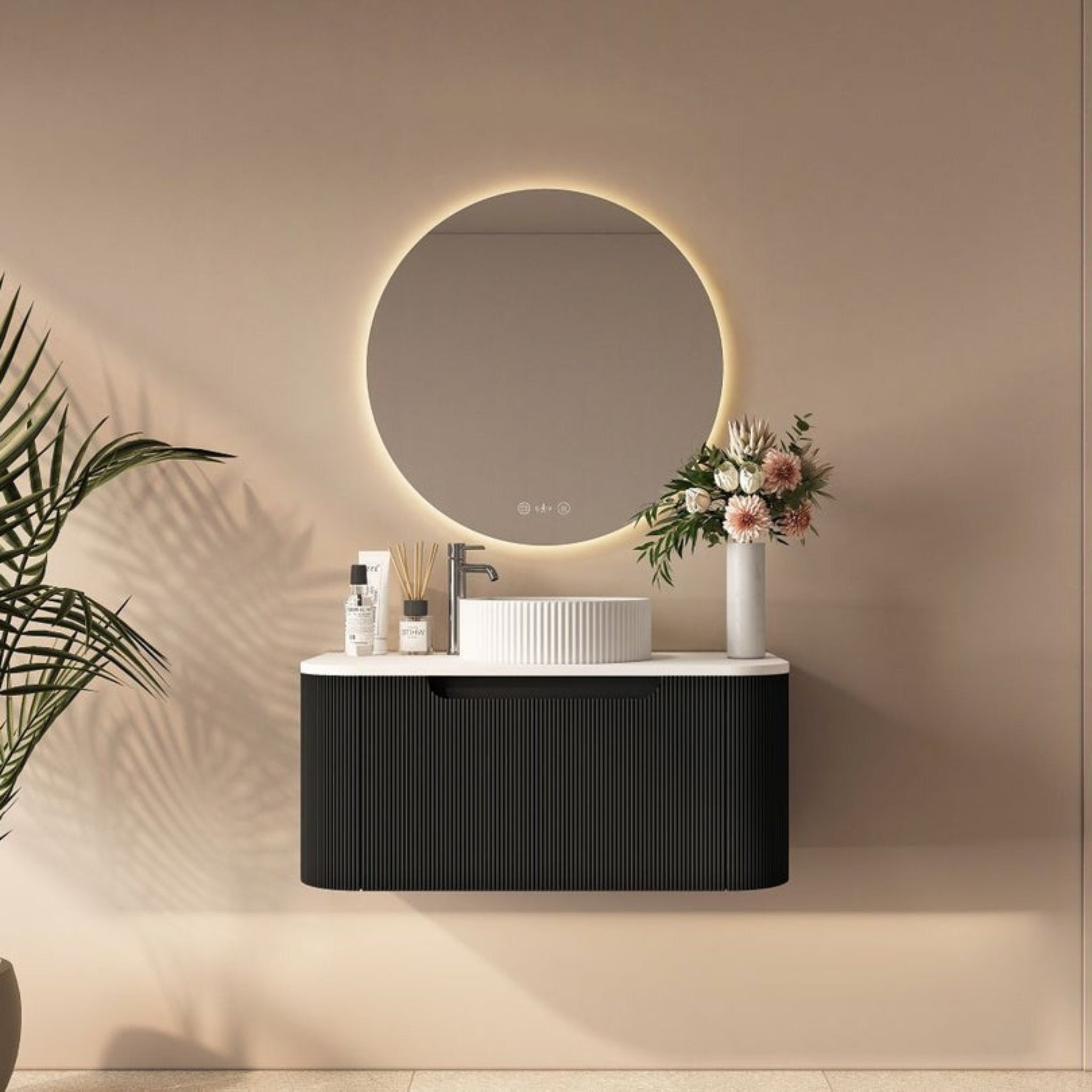 MERCIO ROME MATTE BLACK FLUTED 750MM SINGLE BOWL WALL HUNG VANITY