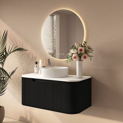 MERCIO ROME MATTE BLACK FLUTED 750MM SINGLE BOWL WALL HUNG VANITY