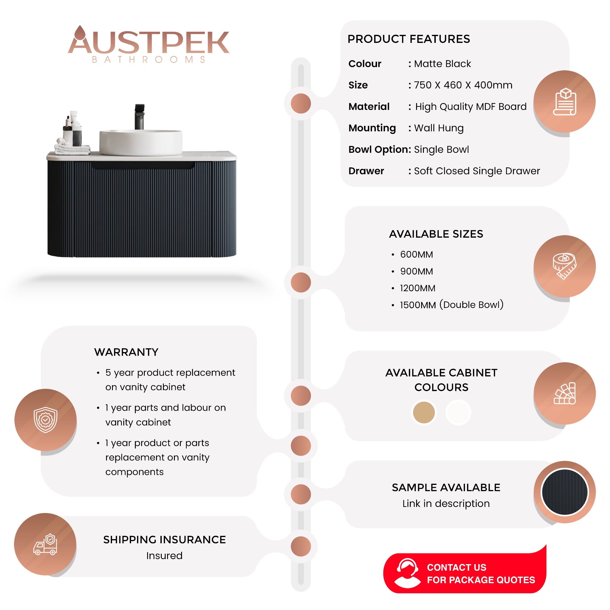 MERCIO ROME MATTE BLACK FLUTED 750MM SINGLE BOWL WALL HUNG VANITY