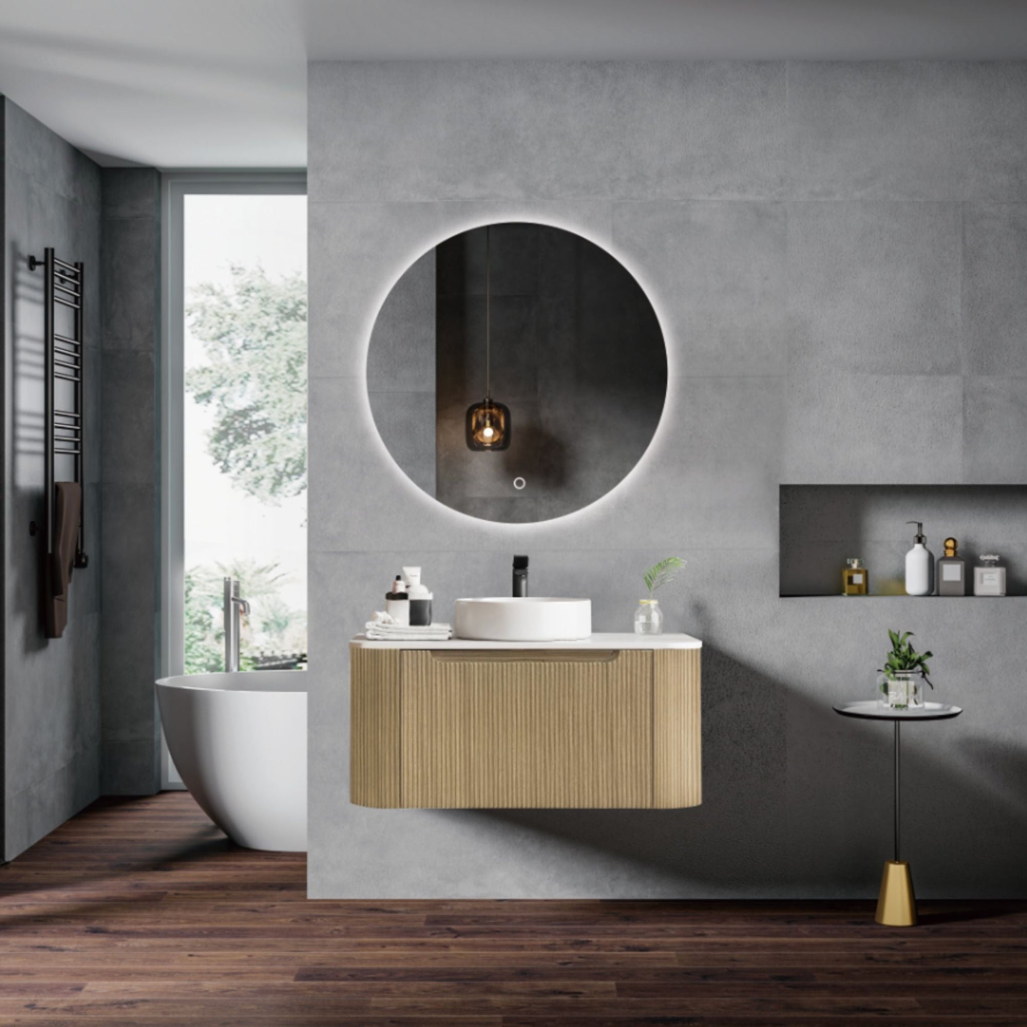 MERCIO ROME BUR OAK FLUTED 900MM SINGLE BOWL WALL HUNG VANITY