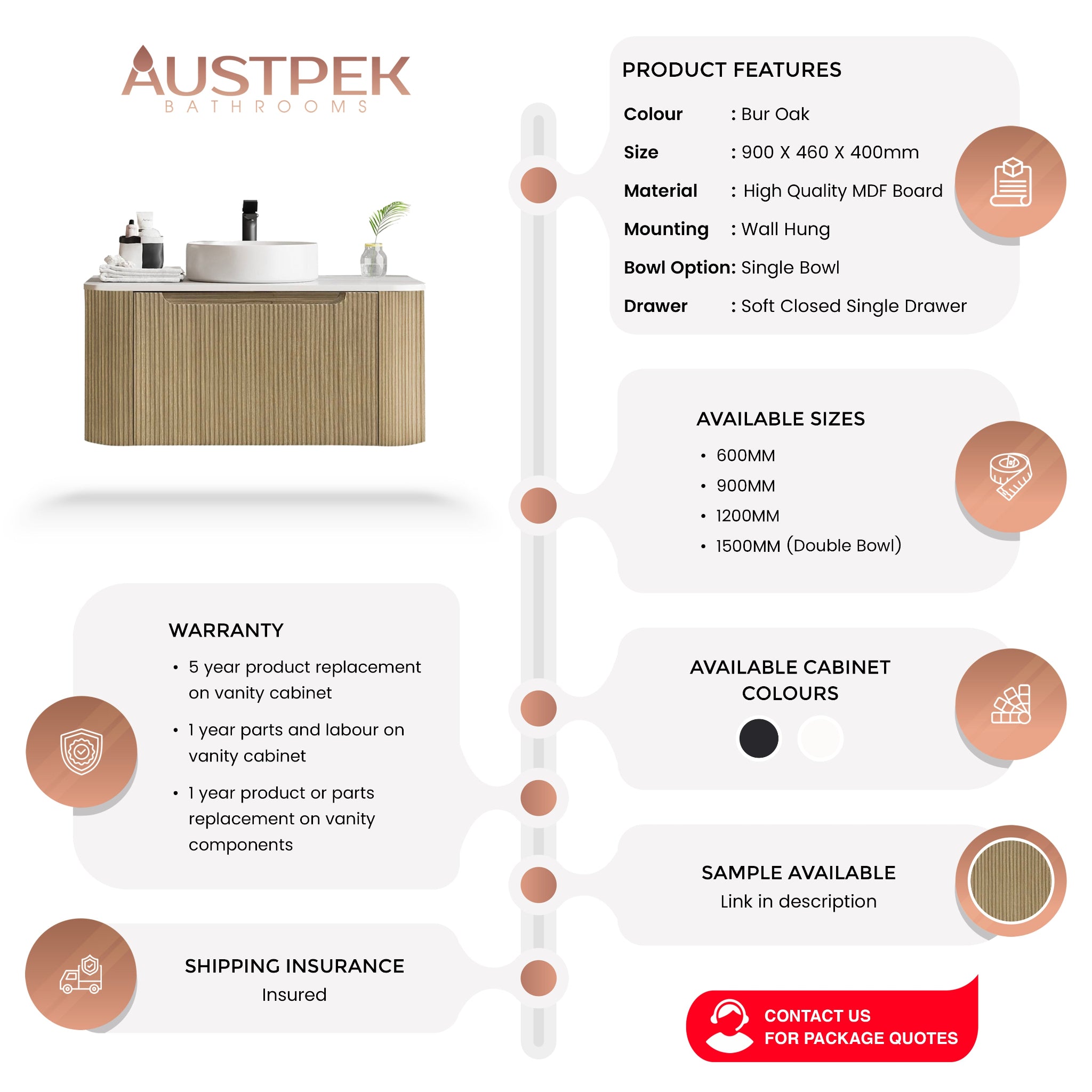 MERCIO ROME BUR OAK FLUTED 900MM SINGLE BOWL WALL HUNG VANITY