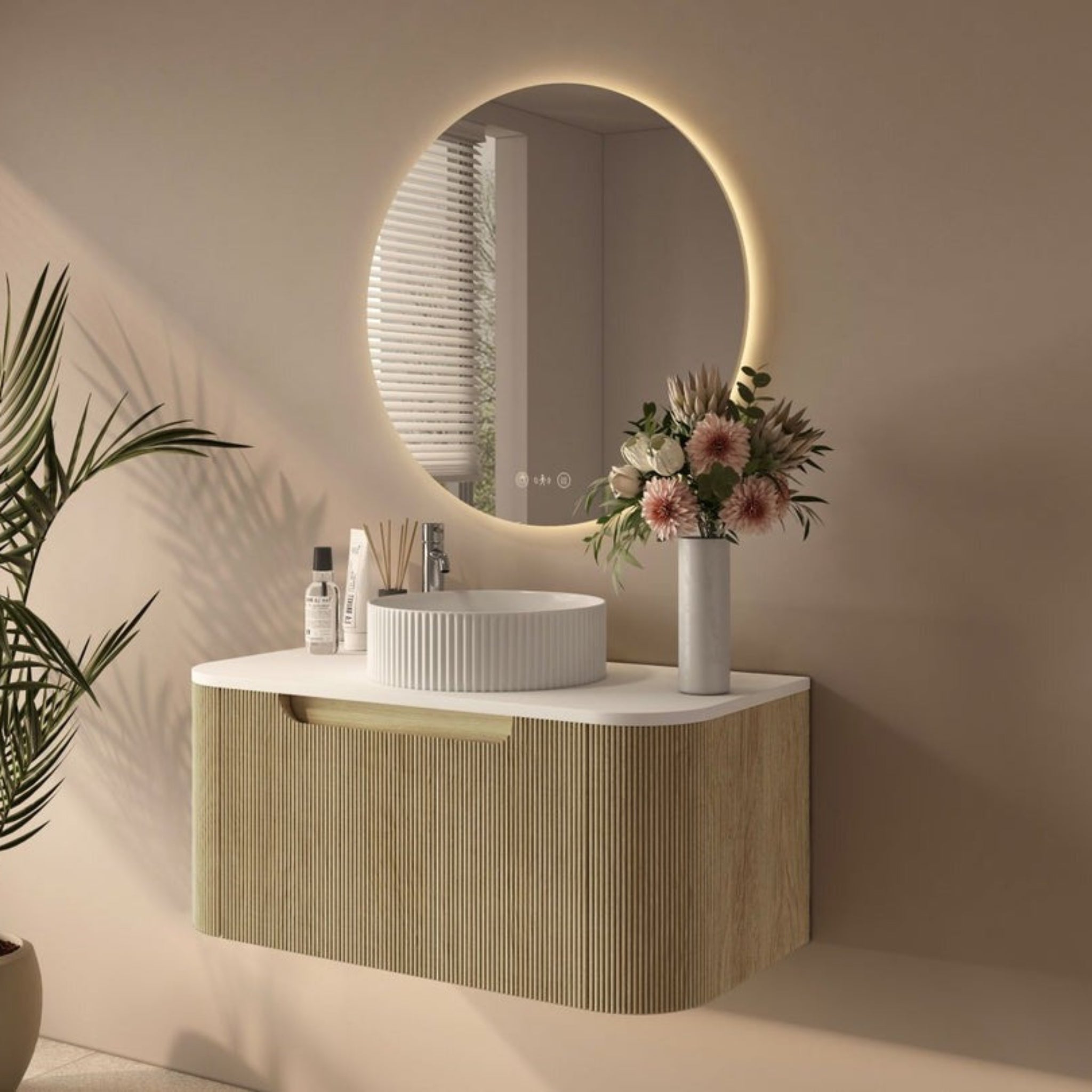 MERCIO ROME BUR OAK FLUTED 900MM SINGLE BOWL WALL HUNG VANITY