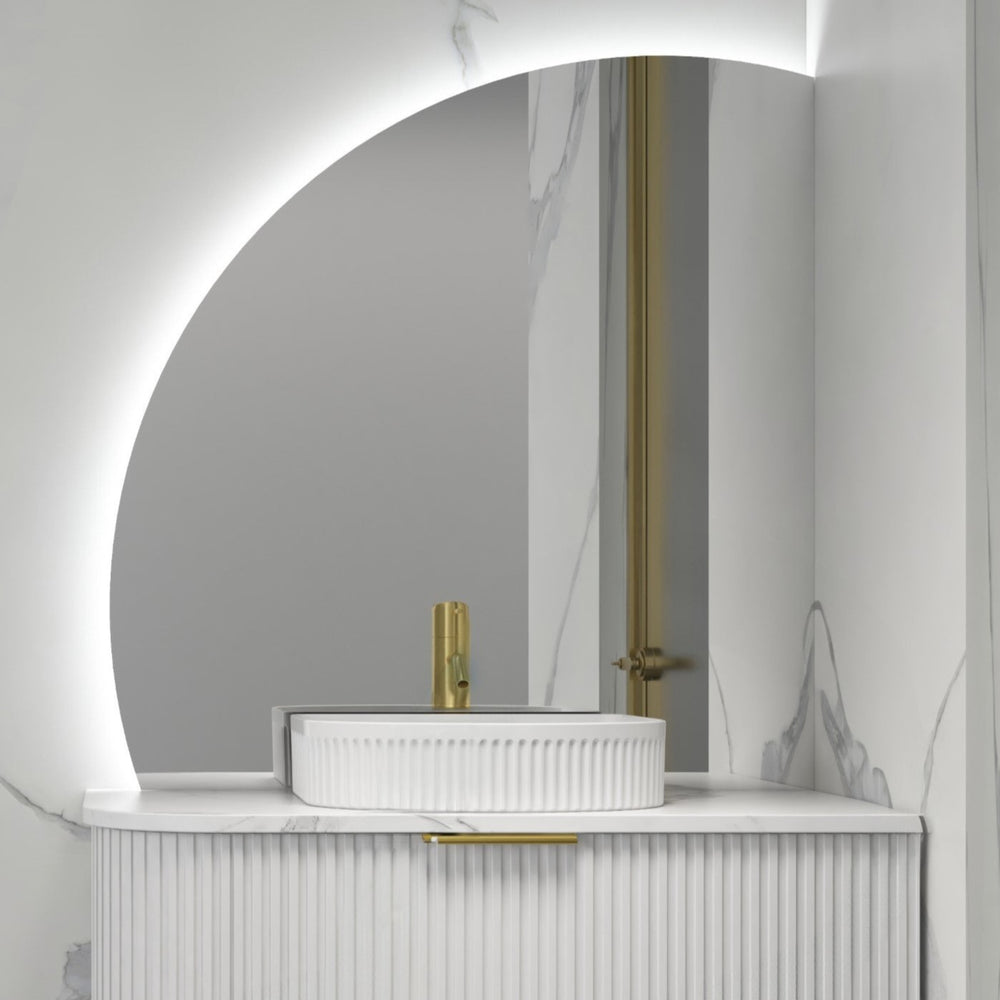 INFINITY ROMAN FRAMELESS ARCH RIGHT CORNER LED MIRROR TRIO COLOUR 900X900MM