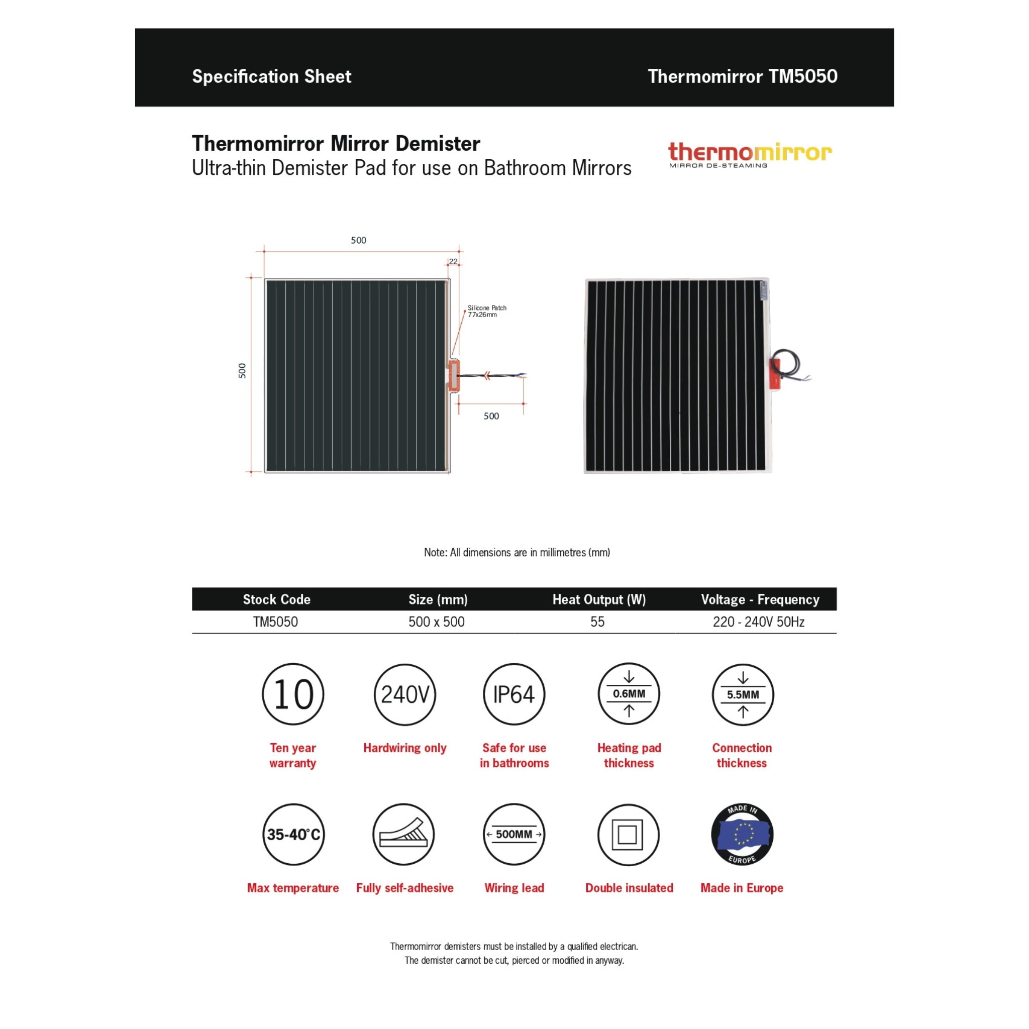THERMOGROUP ABLAZE ROUND POLISHED EDGE MIRROR WITH DEMISTER 900MM