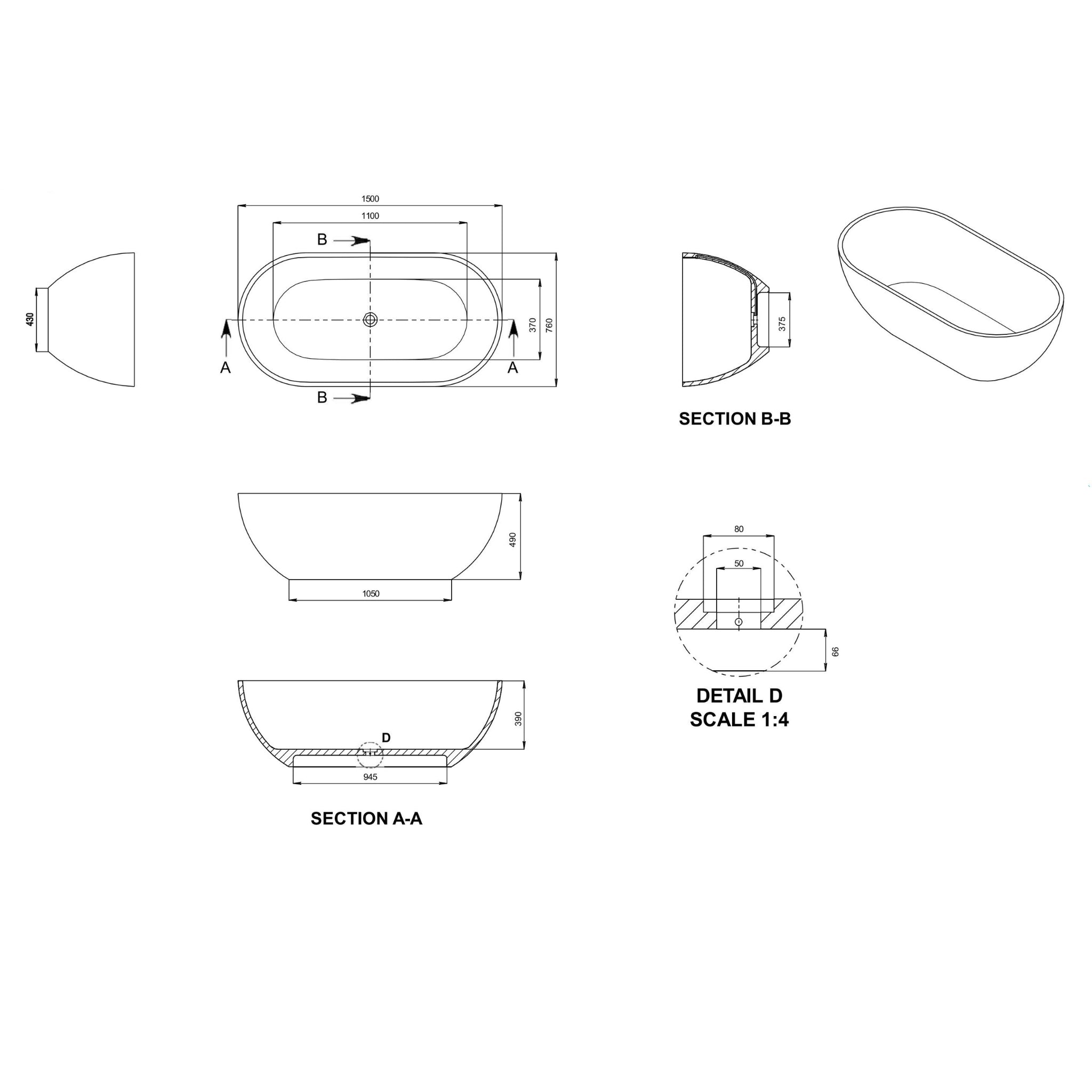 KASKADE AVEO FREESTANDING STONE BATHTUB (AVAILABLE IN 1500MM AND 1700MM)