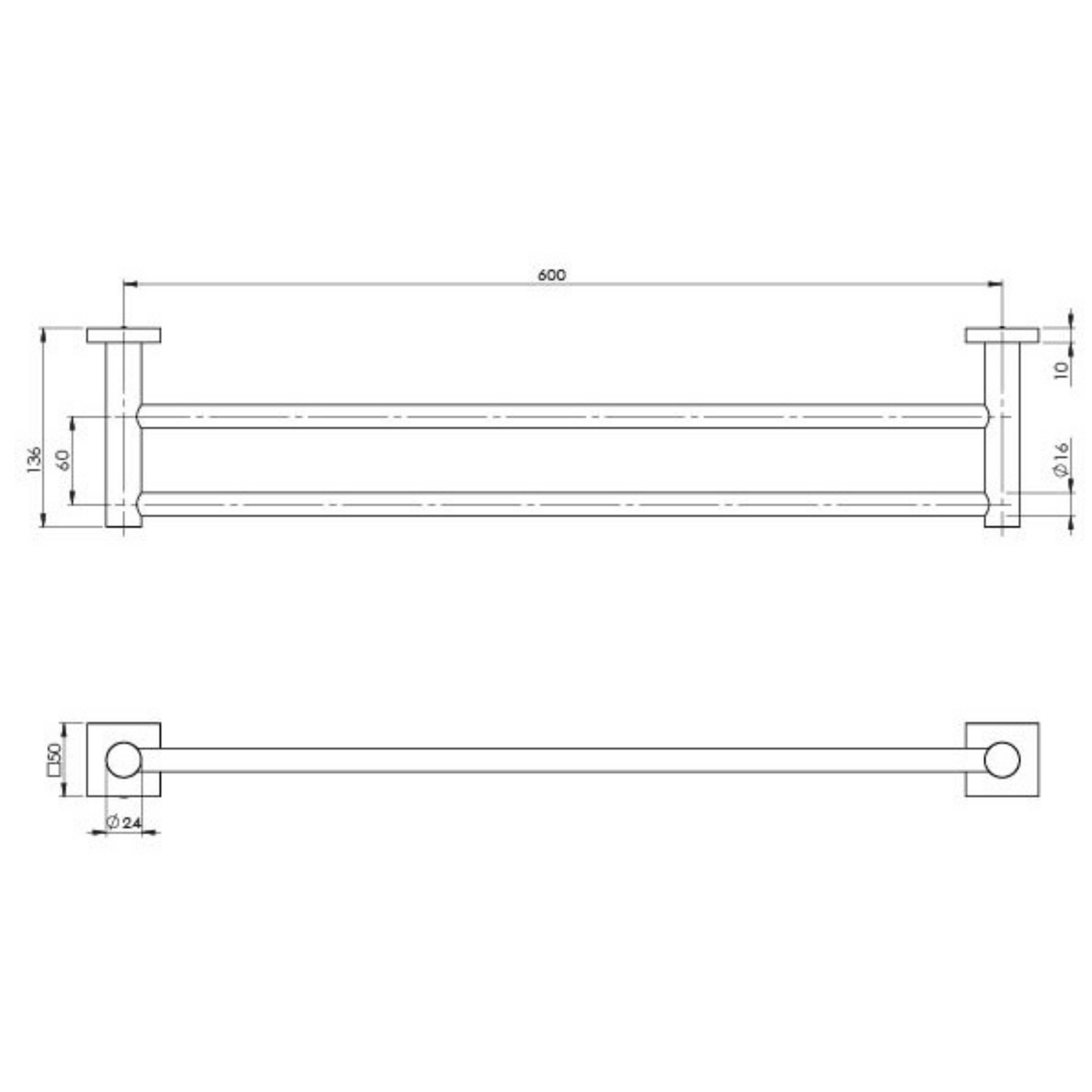 PHOENIX RADII DOUBLE NON-HEATED TOWEL RAIL SQUARE PLATE 600MM BRUSHED CARBON