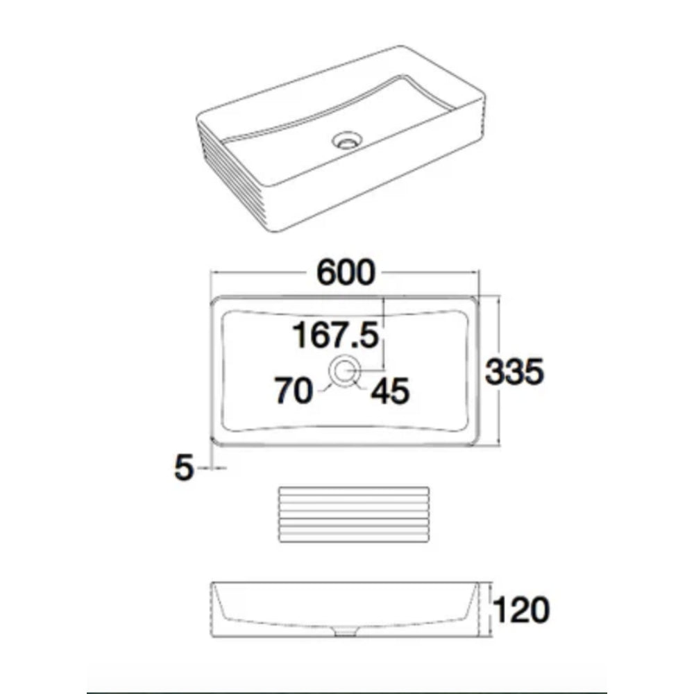 CLAYA RECTANGULAR FLUTED ABOVE COUNTER BASIN GLOSS WHITE 620MM