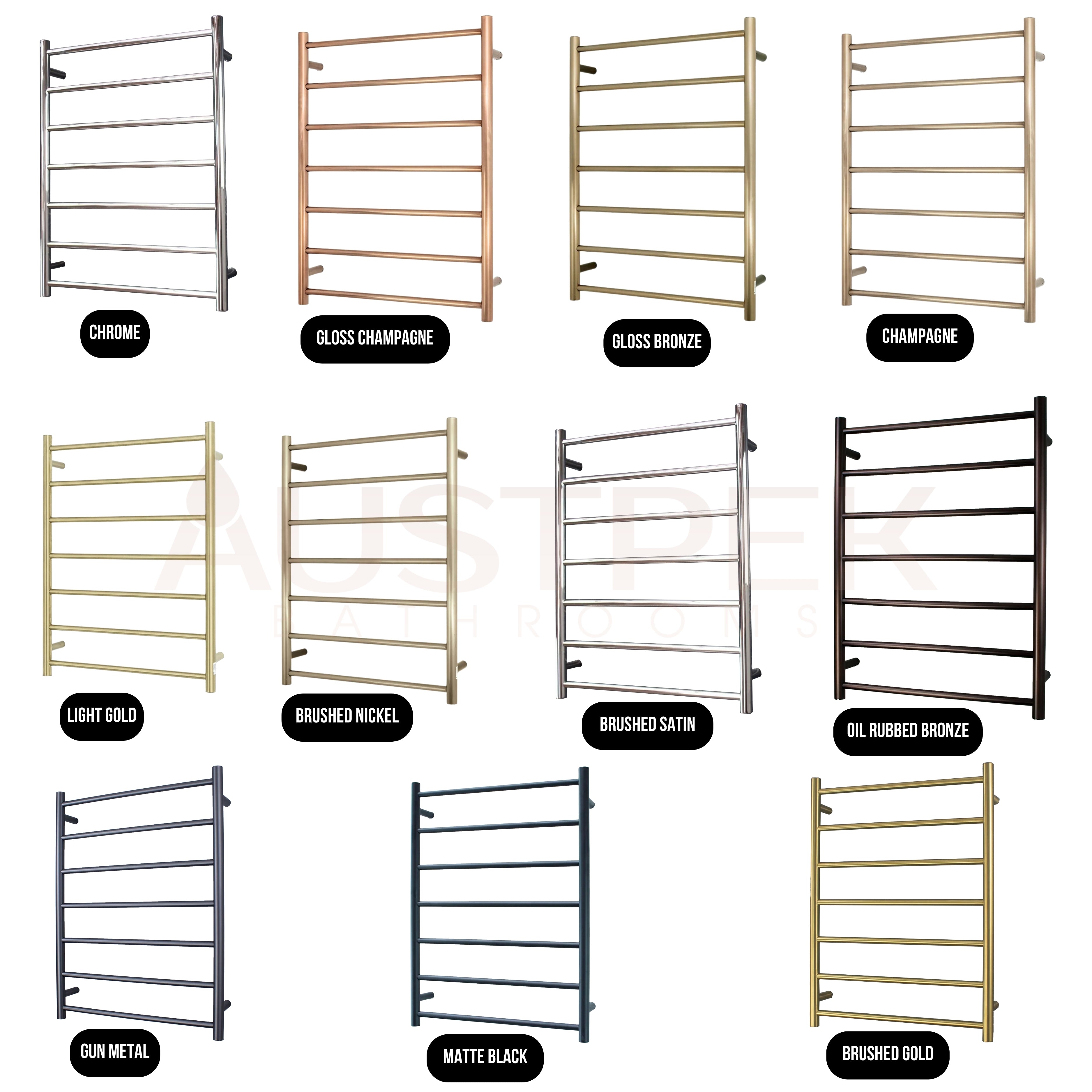 RADIANT HEATING 7-BARS ROUND HEATED TOWEL RAIL BRUSHED GOLD 600MM