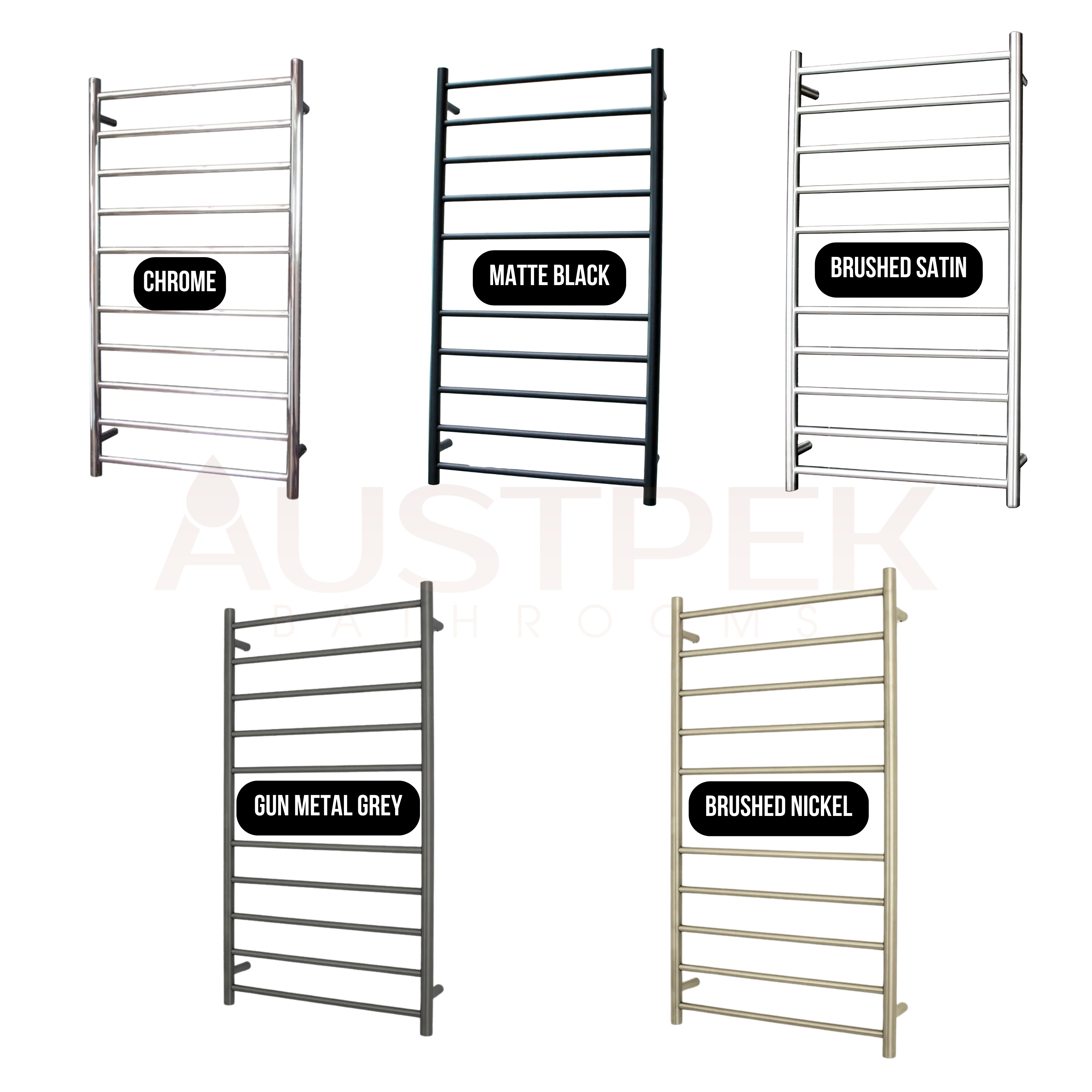 RADIANT HEATING 10-BARS ROUND HEATED TOWEL RAIL BRUSHED SATIN 1100MM