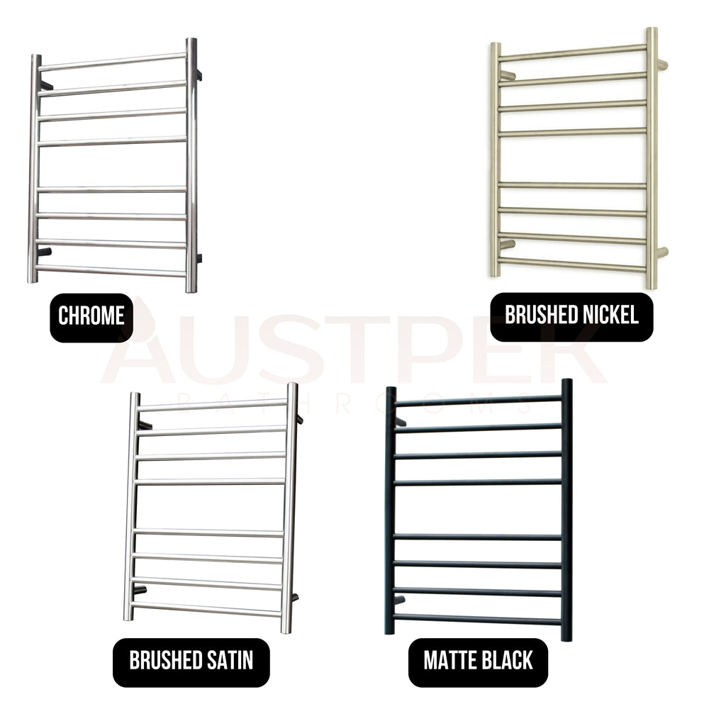 RADIANT HEATING 8-BARS ROUND HEATED TOWEL RAIL BRUSHED SATIN 65WATTS 530MM