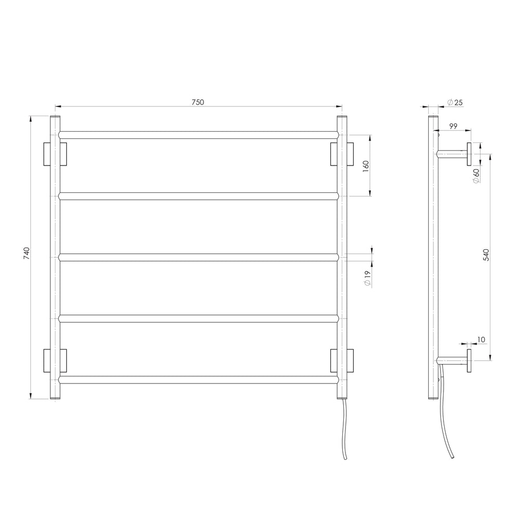 PHOENIX RADII 5-BARS ROUND HEATED TOWEL LADDER BRUSHED CARBON 750MM
