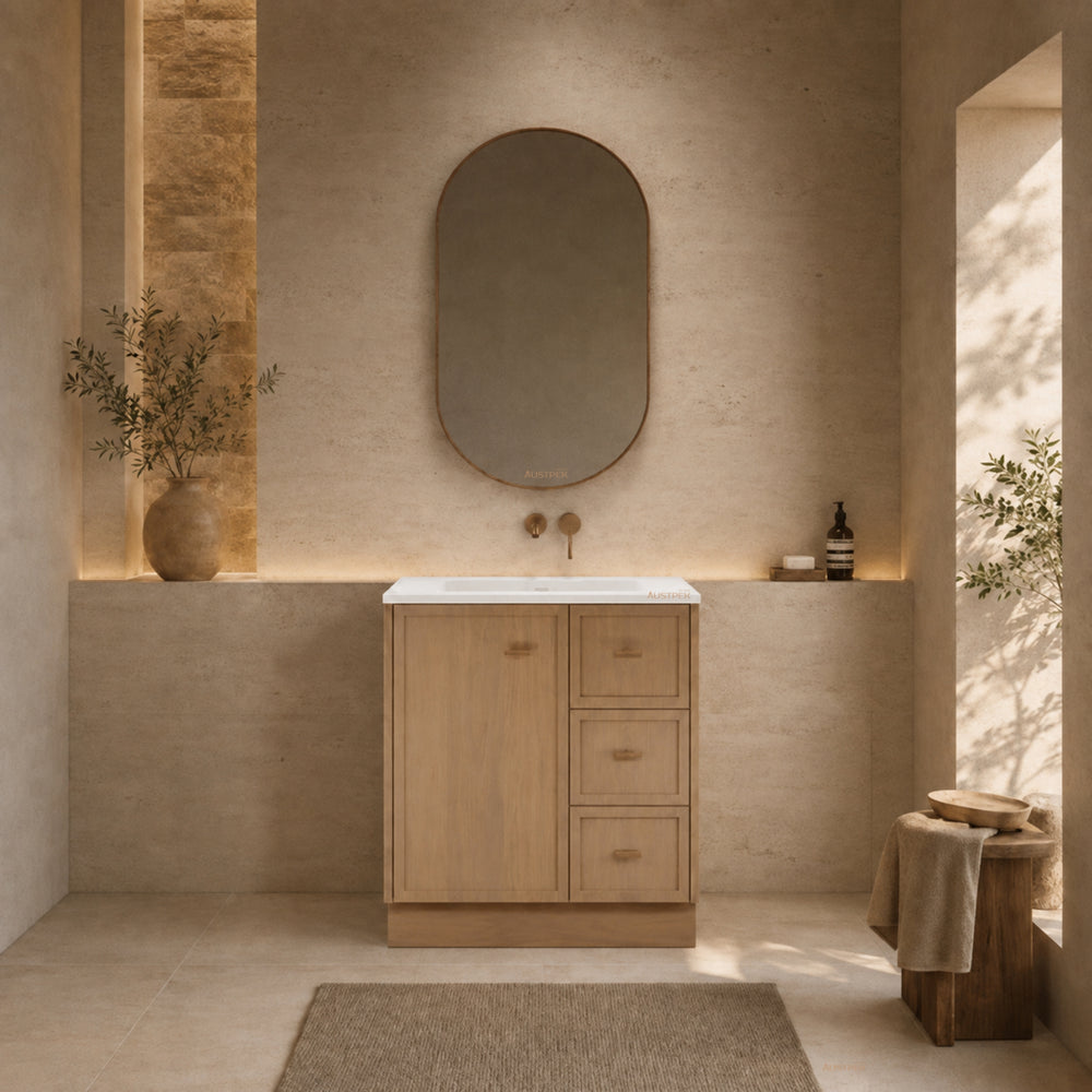 RIVA TOFINO COASTAL OAK 750MM SINGLE BOWL FLOOR STANDING VANITY WITH KICKBOARD (AVAILABLE IN LEFT HAND DRAWER AND RIGHT HAND DRAWER)