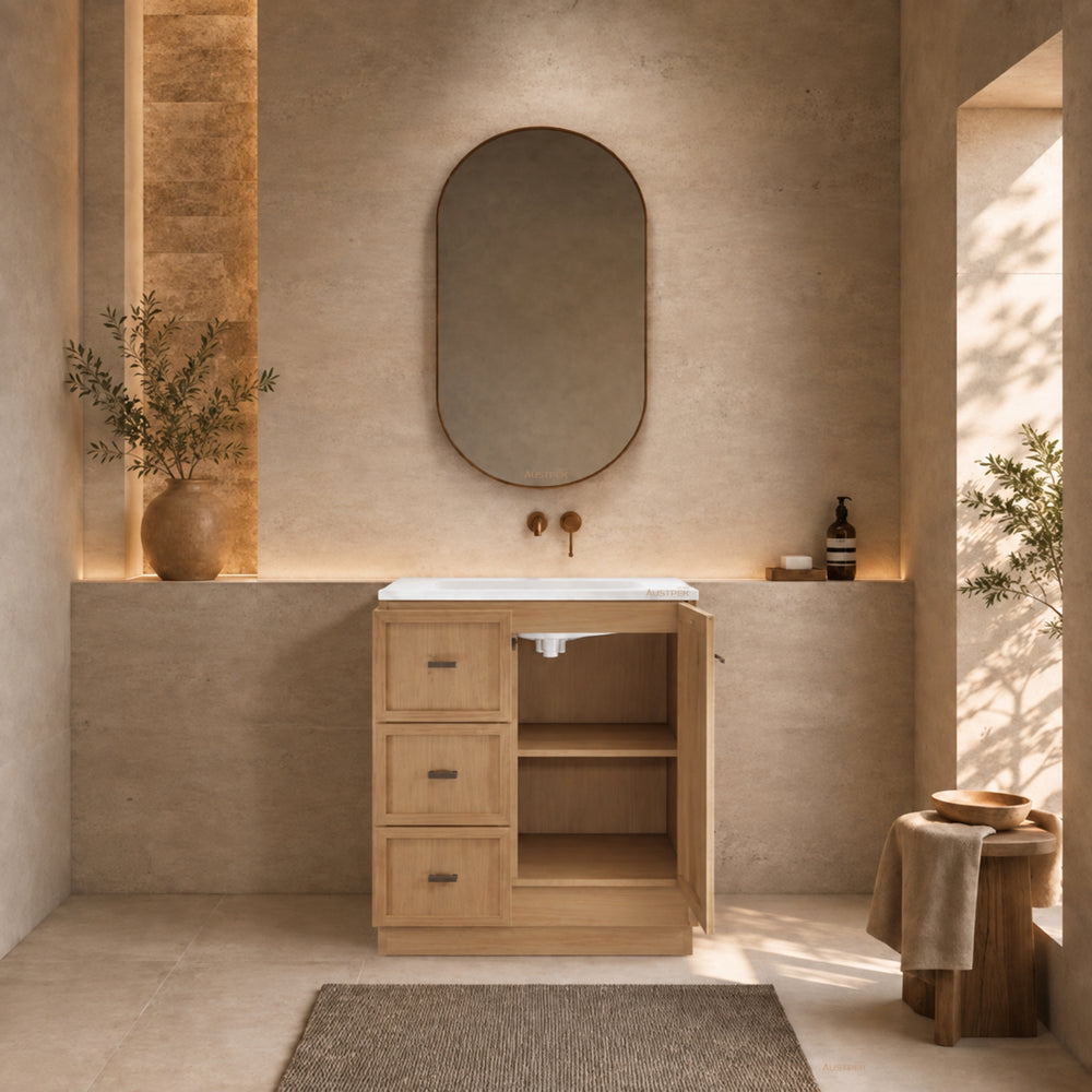 RIVA TOFINO COASTAL OAK 750MM SINGLE BOWL FLOOR STANDING VANITY WITH KICKBOARD (AVAILABLE IN LEFT HAND DRAWER AND RIGHT HAND DRAWER)
