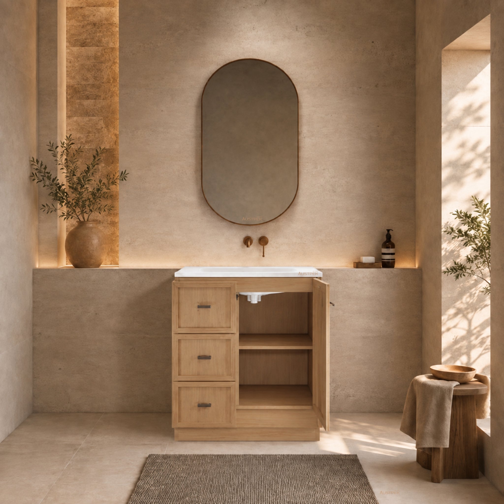 RIVA TOFINO COASTAL OAK 750MM SINGLE BOWL FLOOR STANDING VANITY WITH KICKBOARD (AVAILABLE IN LEFT HAND DRAWER AND RIGHT HAND DRAWER)