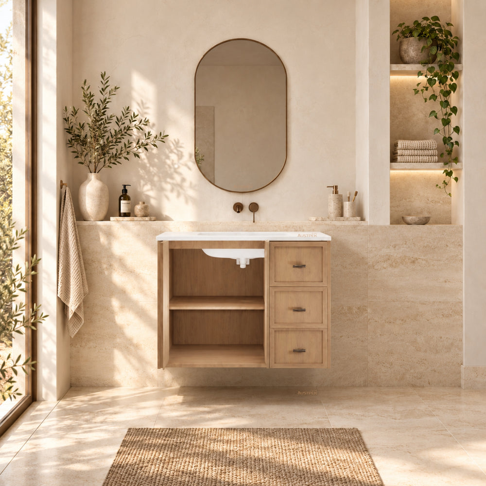 RIVA TOFINO COASTAL OAK 900MM SINGLE BOWL WALL HUNG VANITY (AVAILABLE IN LEFT HAND DRAWER AND RIGHT HAND DRAWER)