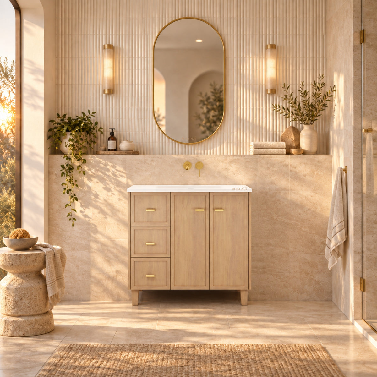 RIVA TOFINO COASTAL OAK 900MM SINGLE BOWL FLOOR STANDING VANITY (AVAILABLE IN LEFT HAND DRAWER AND RIGHT HAND DRAWER)