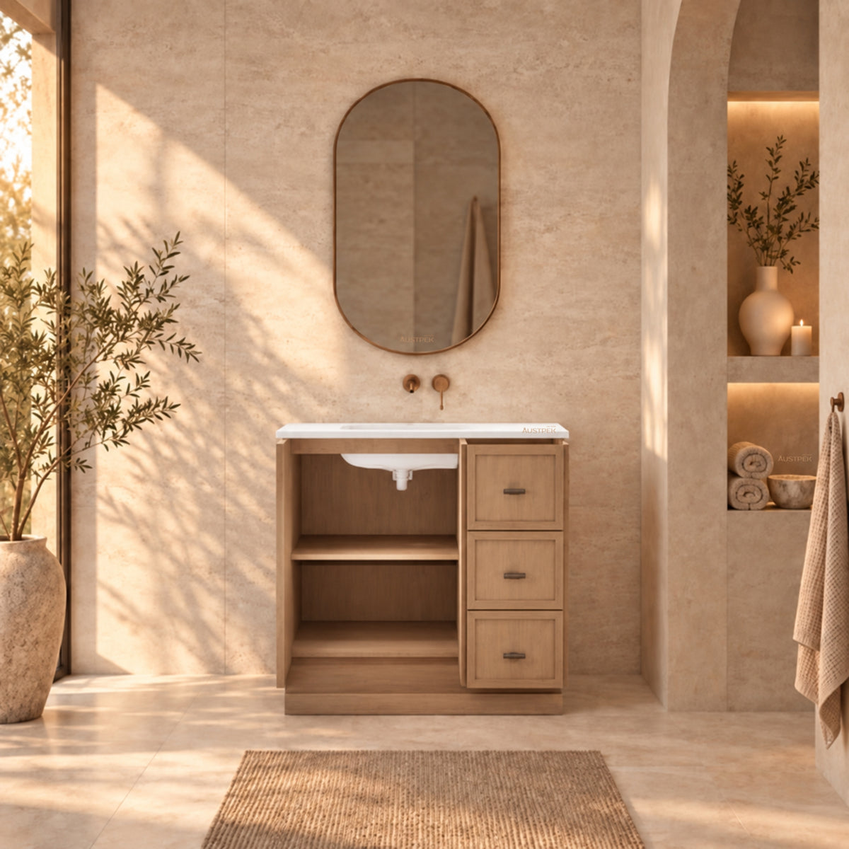 RIVA TOFINO COASTAL OAK 900MM SINGLE BOWL FLOOR STANDING VANITY WITH KICKBOARD (AVAILABLE IN LEFT HAND DRAWER AND RIGHT HAND DRAWER)