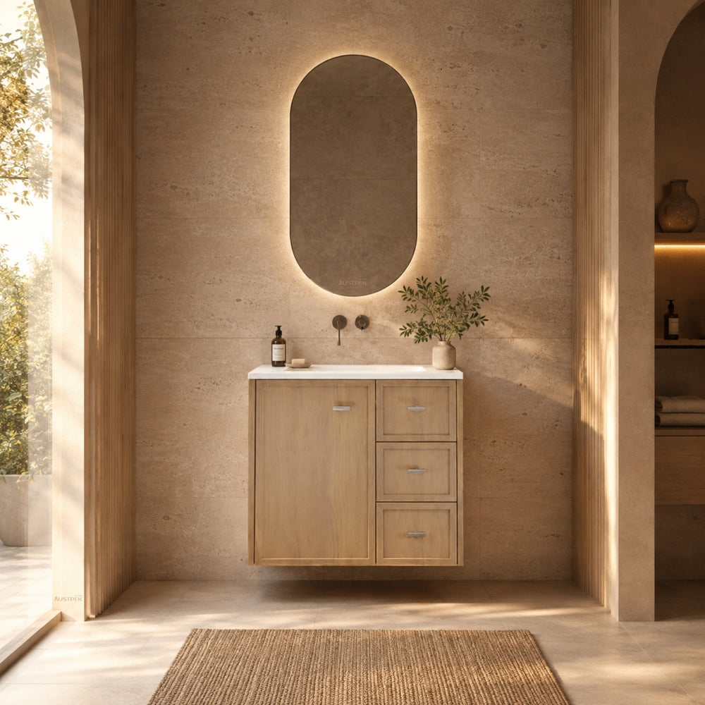 RIVA TOFINO COASTAL OAK 750MM SINGLE BOWL WALL HUNG VANITY (AVAILABLE IN LEFT HAND DRAWER AND RIGHT HAND DRAWER)