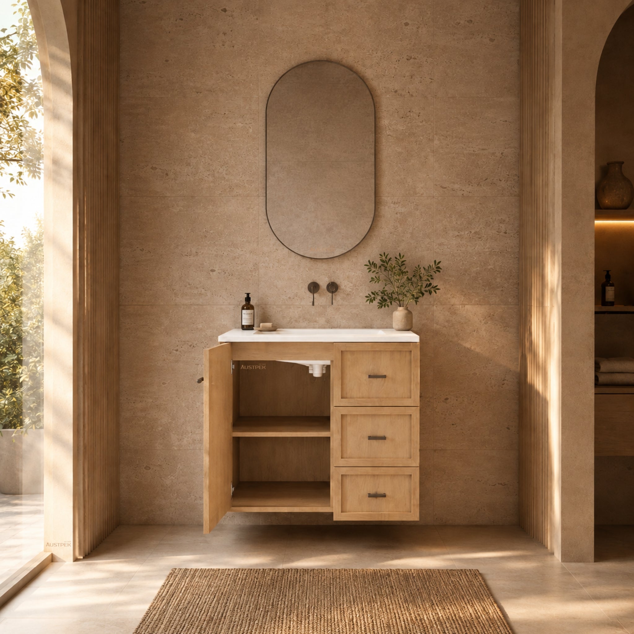 RIVA TOFINO COASTAL OAK 750MM SINGLE BOWL WALL HUNG VANITY (AVAILABLE IN LEFT HAND DRAWER AND RIGHT HAND DRAWER)