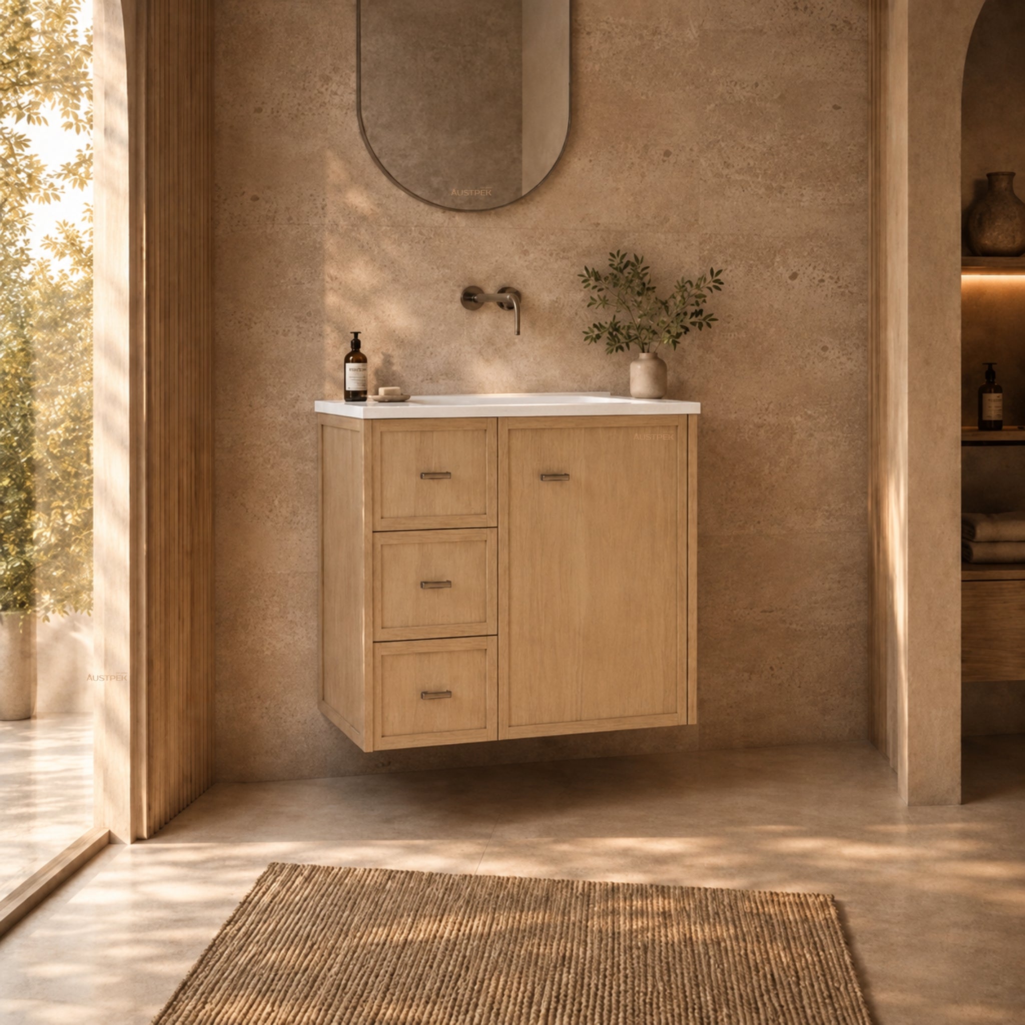 RIVA TOFINO COASTAL OAK 750MM SINGLE BOWL WALL HUNG VANITY (AVAILABLE IN LEFT HAND DRAWER AND RIGHT HAND DRAWER)