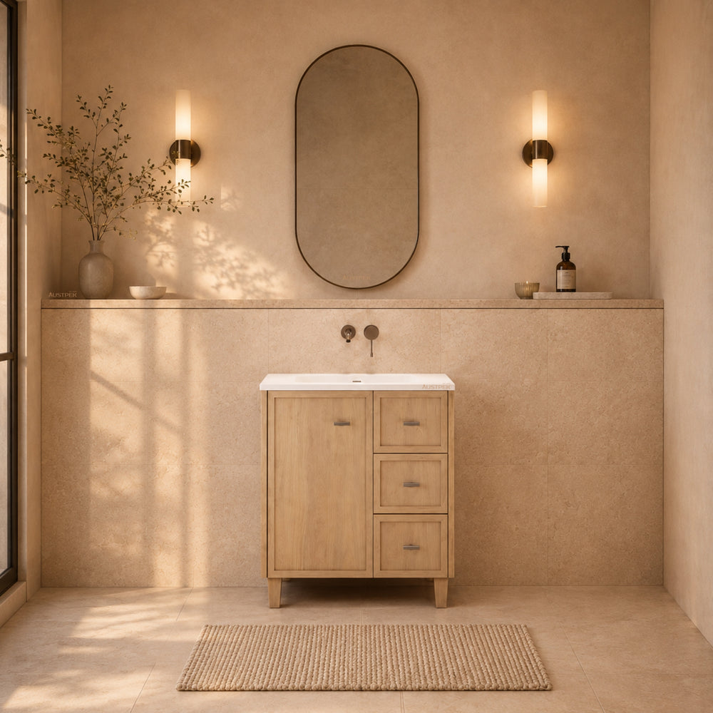 RIVA TOFINO COASTAL OAK 750MM SINGLE BOWL FLOOR STANDING VANITY (AVAILABLE IN LEFT HAND DRAWER AND RIGHT HAND DRAWER)