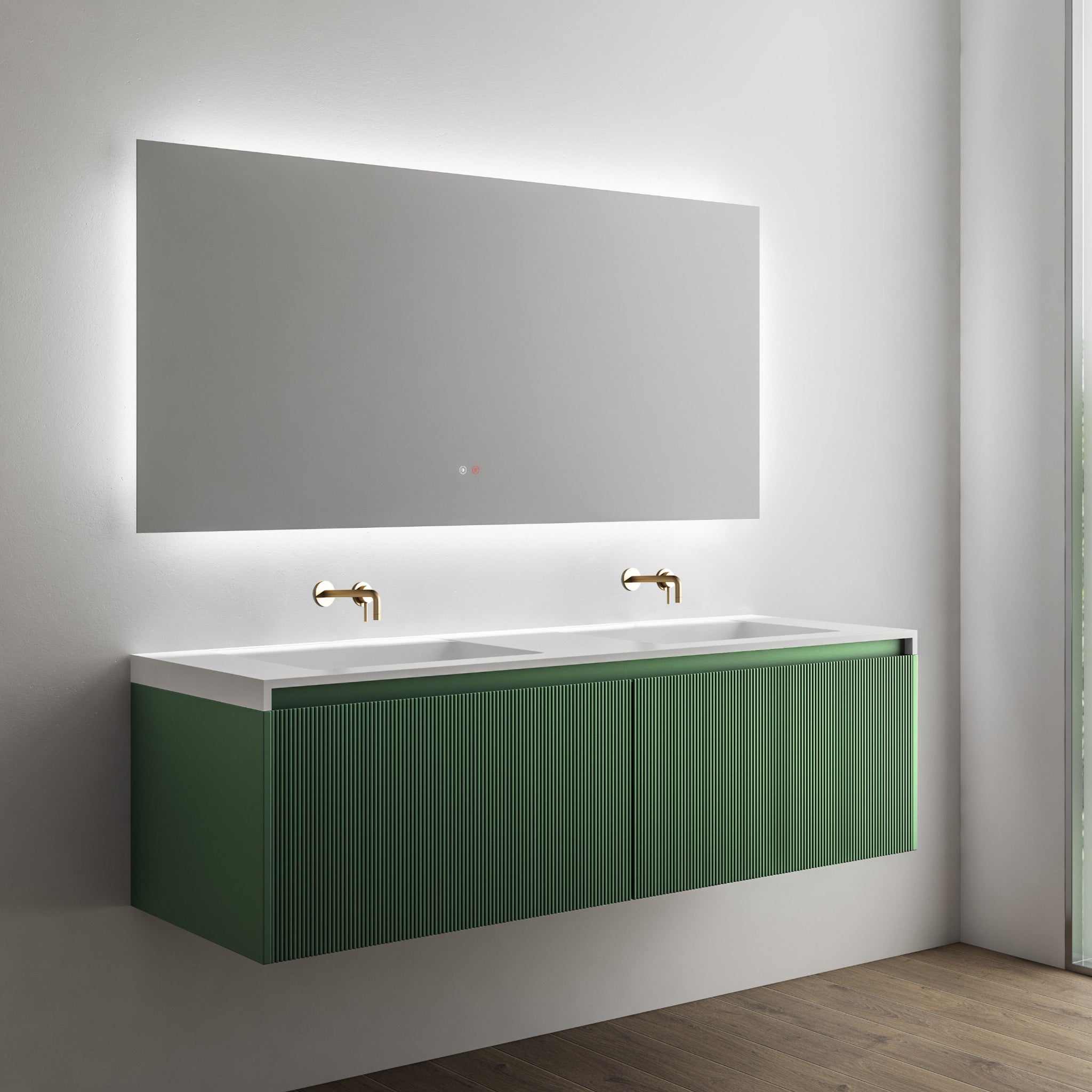 BELBAGNO RIMINI RAIN FOREST 1500MM DOUBLE BOWL WALL HUNG VANITY AND BASIN
