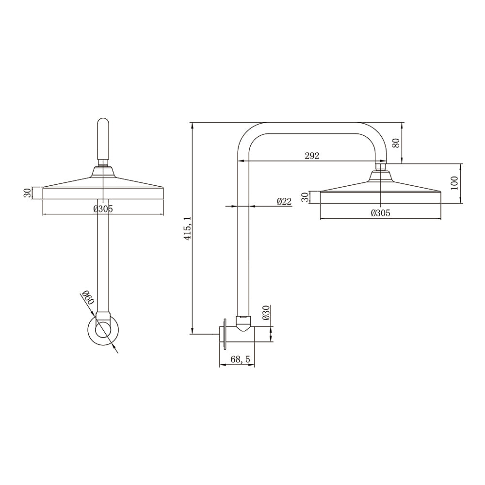 AMOZA GOOSENECK SHOWER ARM & HEAD 2 PACK 305MM BRUSHED COPPER