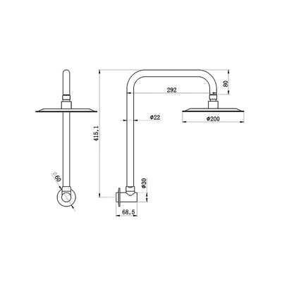 AMOZA GOOSENECK SHOWER ARM & HEAD 2 PACK 200MM BRUSHED COPPER