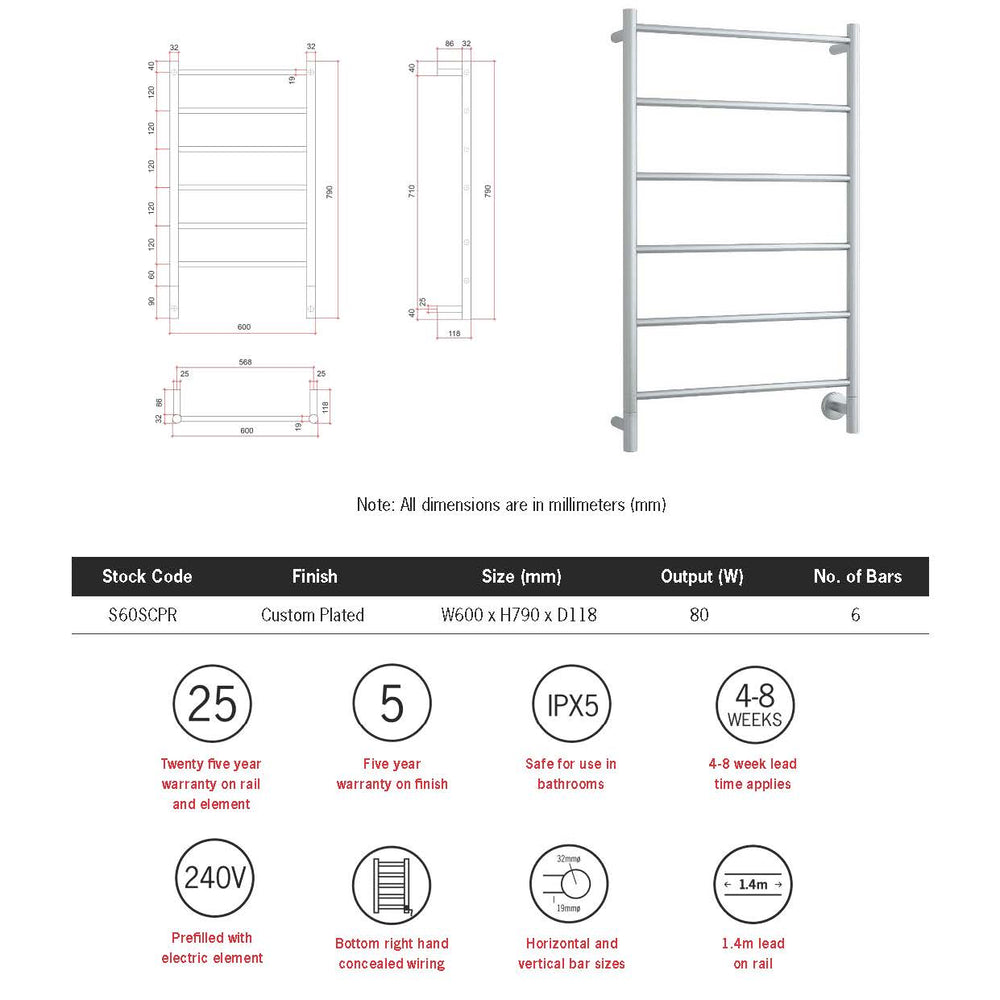 THERMOGROUP SPARTAN LIQUID-FILLED 6-BAR ROUND LADDER HEATED TOWEL RAIL POLISHED STAINLESS STEEL 600MM (CUSTOM PLATED FINISH)