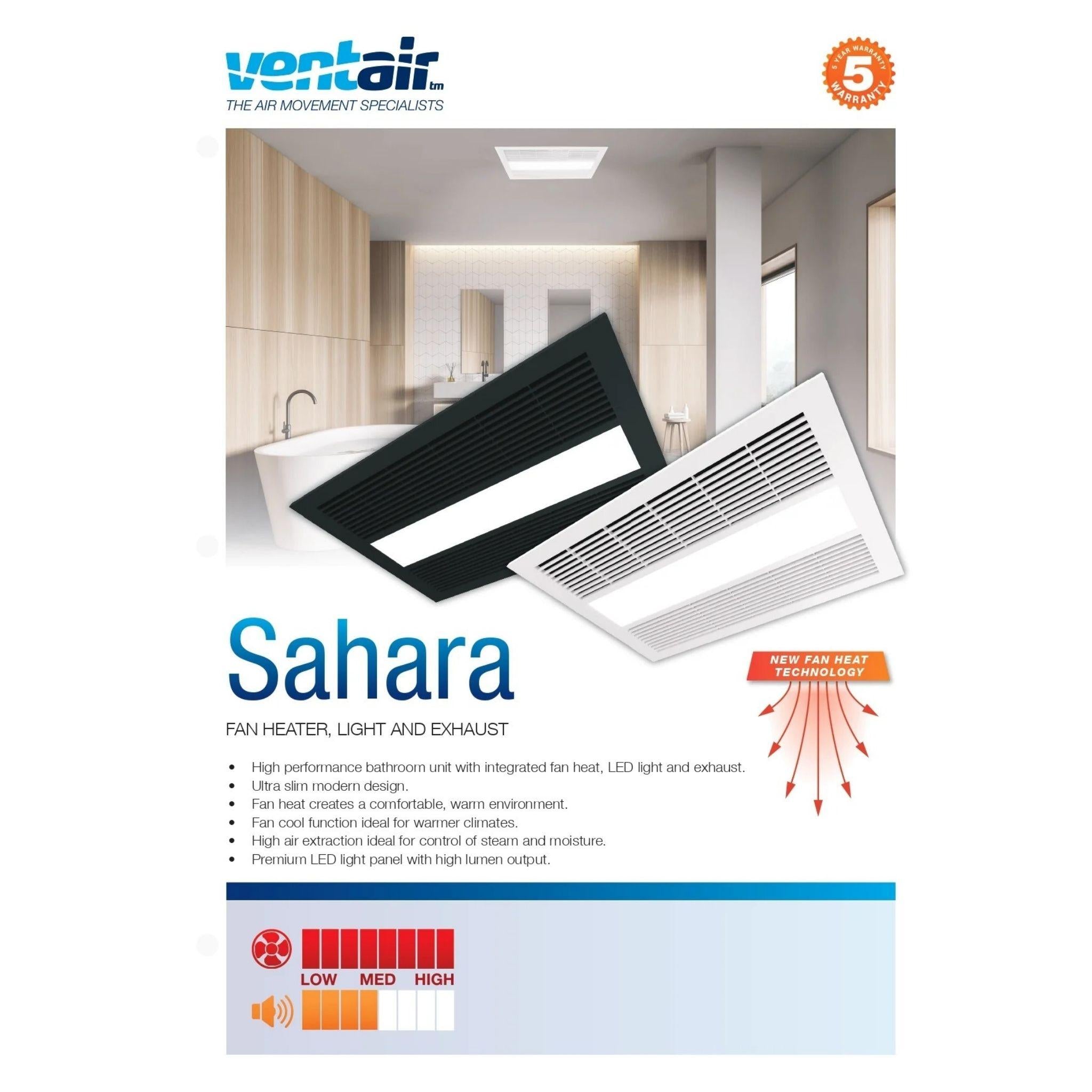 VENTAIR SAHARA HIGH PERFORMANCE 4 IN 1 BATHROOM UNIT WITH INTEGRATED FAN, HEAT, LED LIGHT AND EXHAUST FAN WHITE