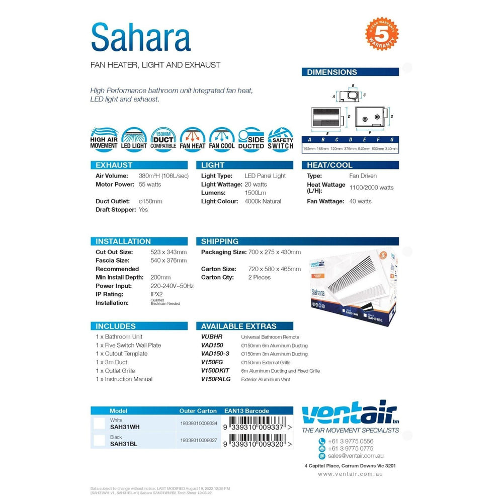 VENTAIR SAHARA HIGH PERFORMANCE 4 IN 1 BATHROOM UNIT WITH INTEGRATED FAN, HEAT, LED LIGHT AND EXHAUST FAN WHITE