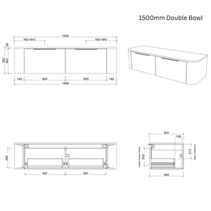 TIMBERLINE SANTOS WHITE SATIN 1500MM DOUBLE BOWL WALL HUNG VANITY (SHOWROOM DISPLAY)