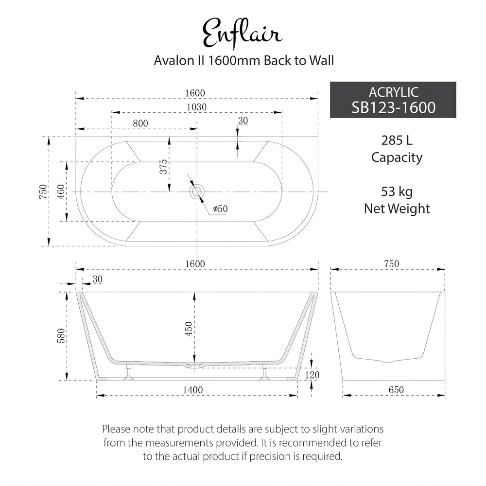 ENFLAIR AVALON BACK TO WALL BATHTUB MATTE WHITE (MULTIPLE SIZES AVAILABLE)