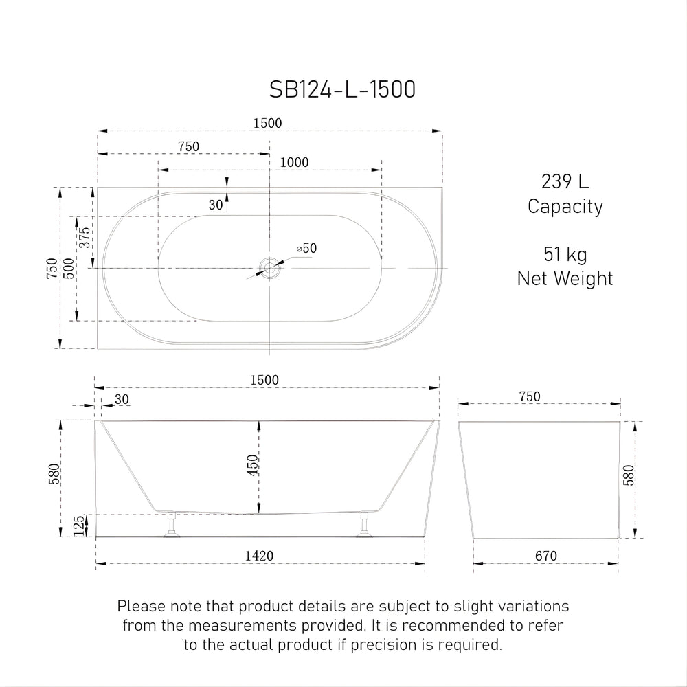 ENFLAIR AVALON LEFT CORNER BACK TO WALL BATHTUB MATTE WHITE (MULTIPLE SIZES AVAILABLE)