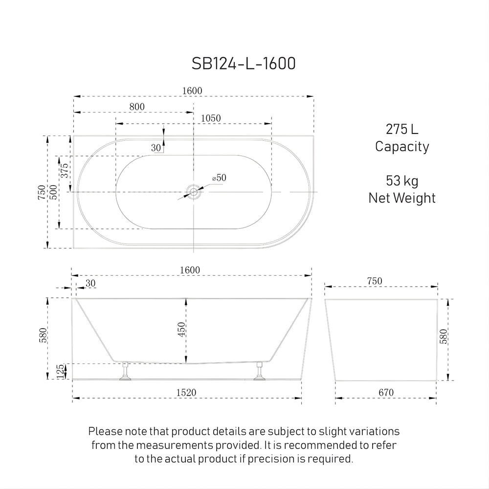 ENFLAIR AVALON LEFT CORNER BACK TO WALL BATHTUB MATTE WHITE (MULTIPLE SIZES AVAILABLE)
