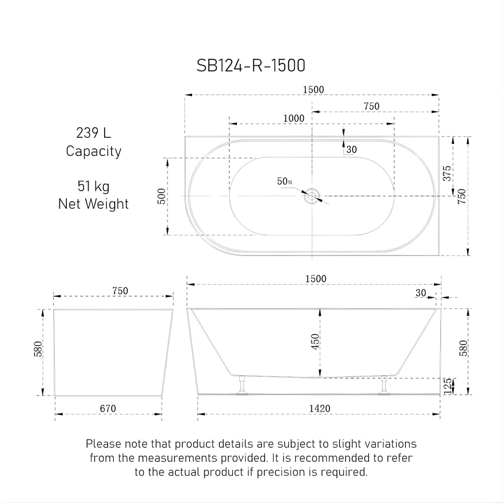 ENFLAIR AVALON RIGHT CORNER BACK TO WALL BATHTUB MATTE WHITE (MULTIPLE SIZES AVAILABLE)