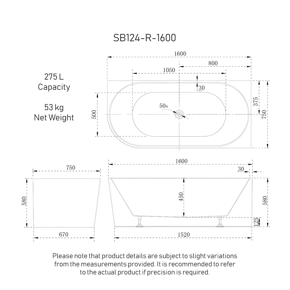 ENFLAIR AVALON RIGHT CORNER BACK TO WALL BATHTUB MATTE WHITE (MULTIPLE SIZES AVAILABLE)