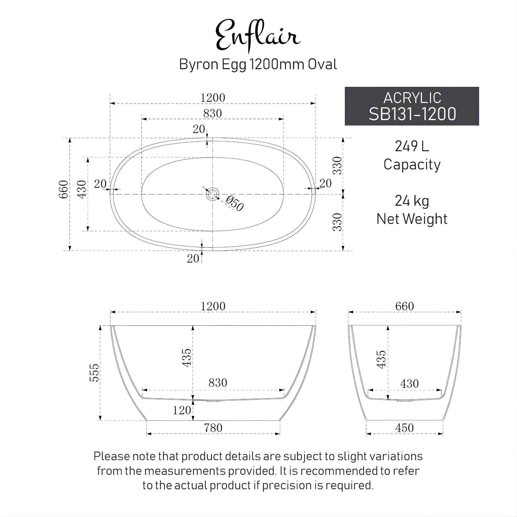 ENFLAIR BYRON EGG FREESTANDING BATH MATTE WHITE (MULTIPLE SIZES AVAILABLE)