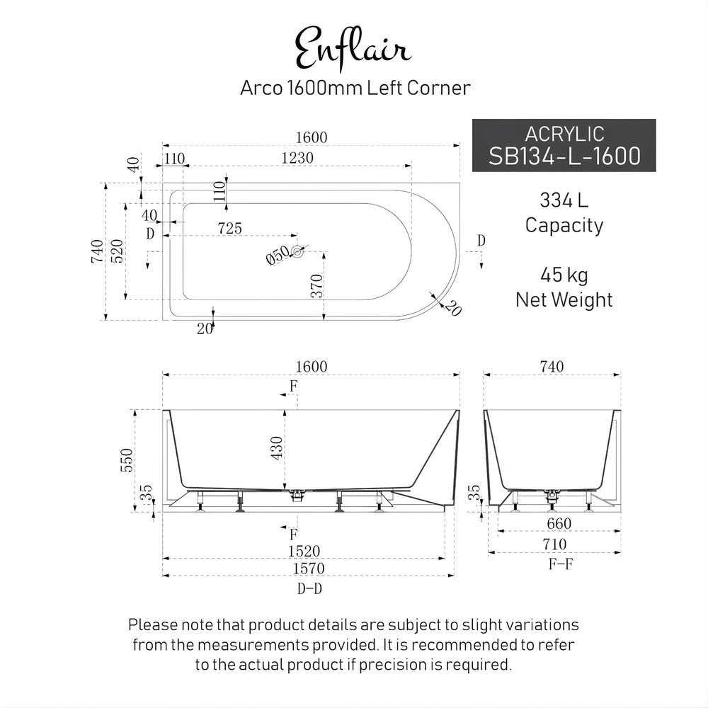 ENFLAIR ARCO LEFT CORNER BACK TO WALL BATHTUB GLOSS WHITE (AVAILABLE IN 1500MM AND 1600MM)