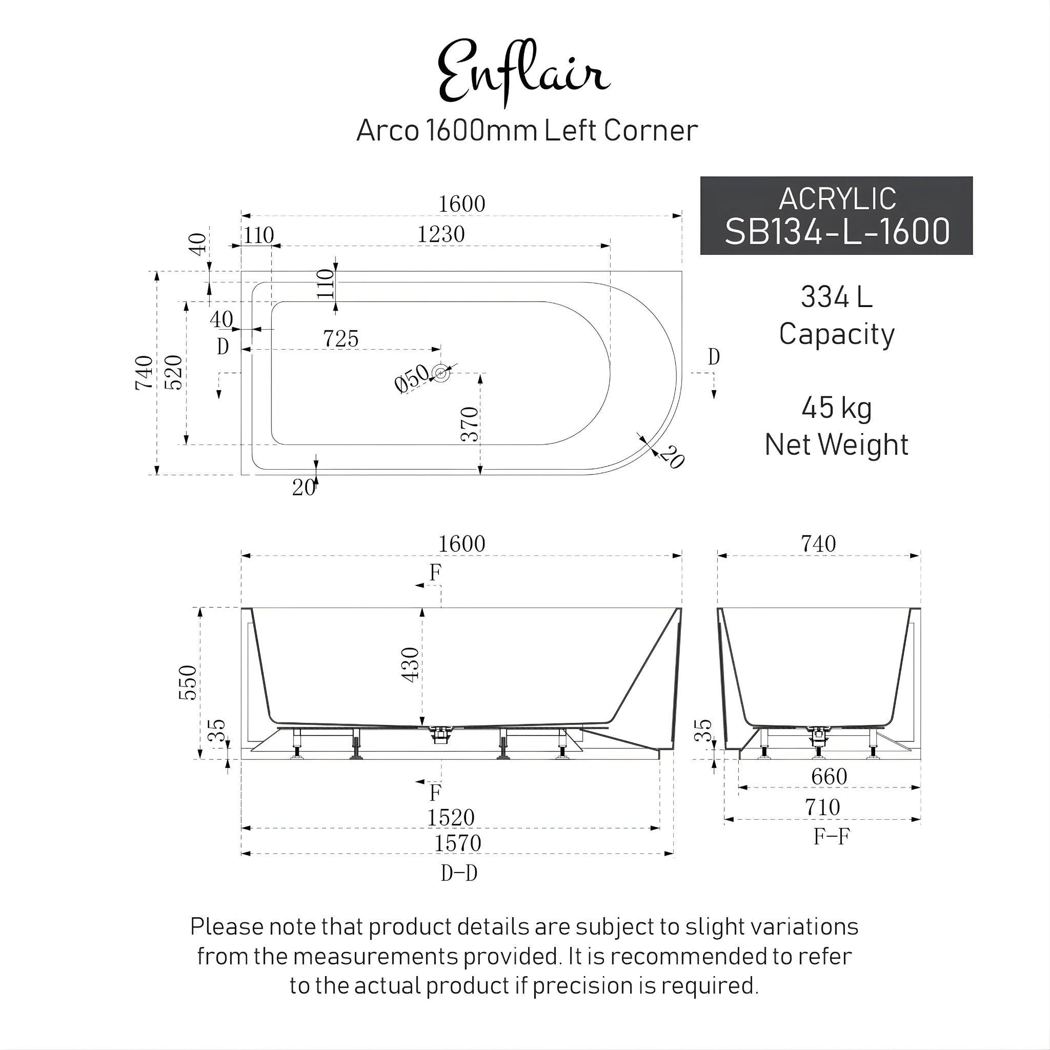ENFLAIR ARCO LEFT CORNER BACK TO WALL BATHTUB GLOSS WHITE (AVAILABLE IN 1500MM AND 1600MM)