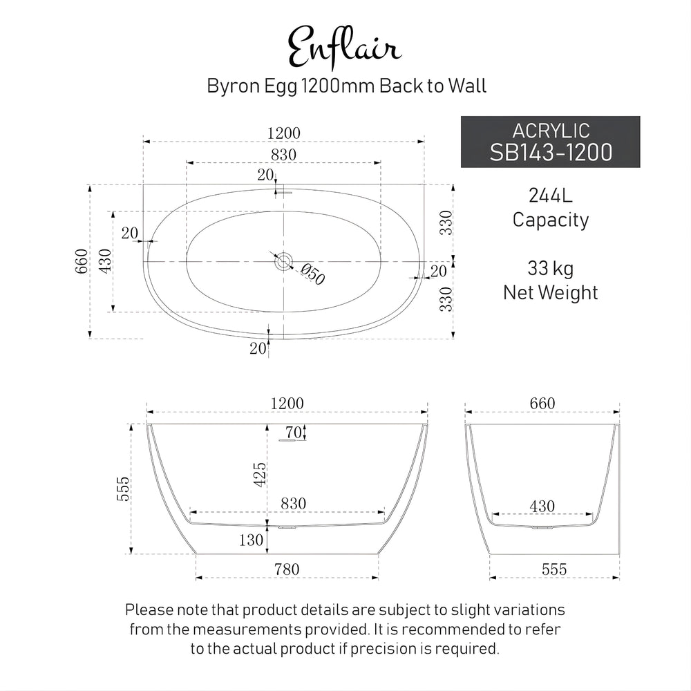 ENFLAIR BYRON EGG BACK TO WALL FREESTANDING BATH WITH OVERFLOW GLOSS WHITE (MULTIPLE SIZES AVAILABLE)