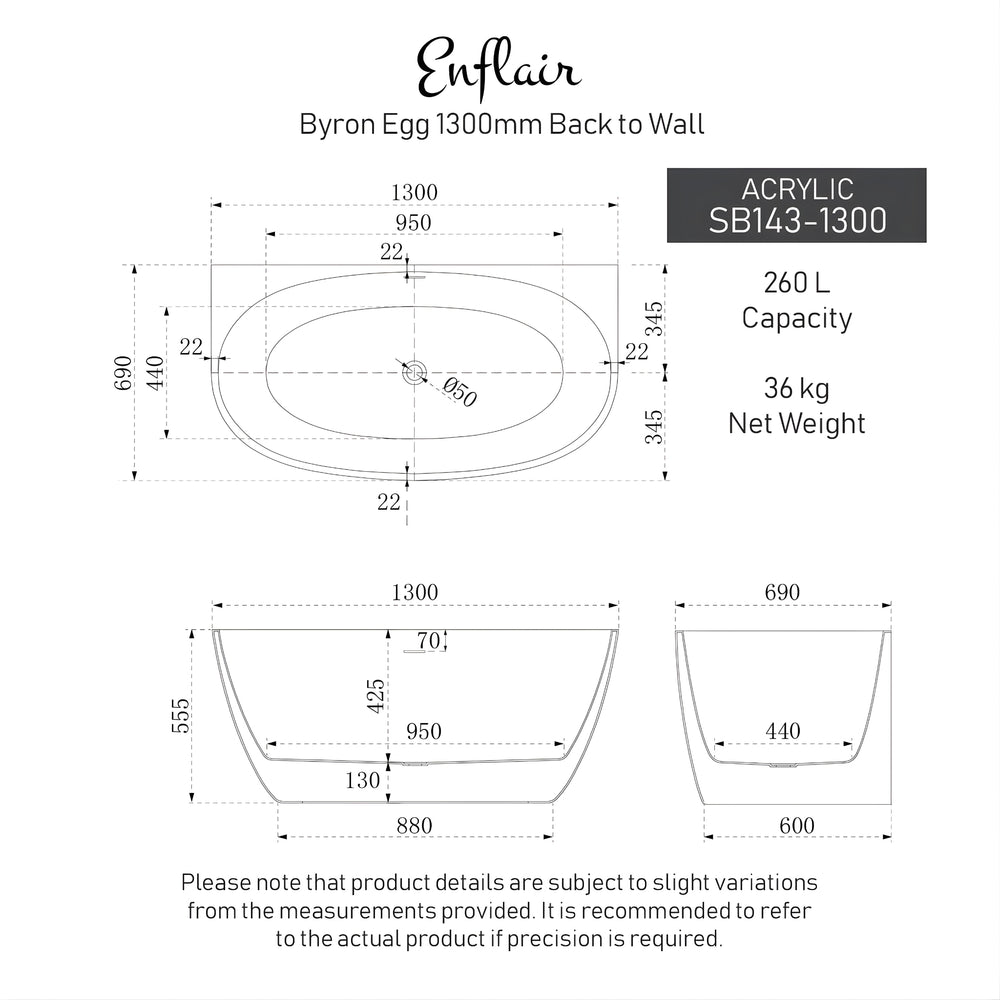 ENFLAIR BYRON EGG BACK TO WALL FREESTANDING BATH WITH OVERFLOW GLOSS WHITE (MULTIPLE SIZES AVAILABLE)