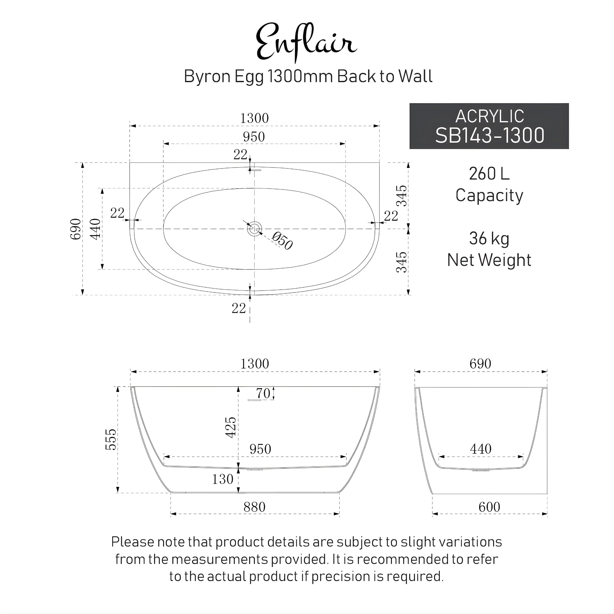 ENFLAIR BYRON EGG BACK TO WALL FREESTANDING BATH WITH OVERFLOW GLOSS WHITE (MULTIPLE SIZES AVAILABLE)